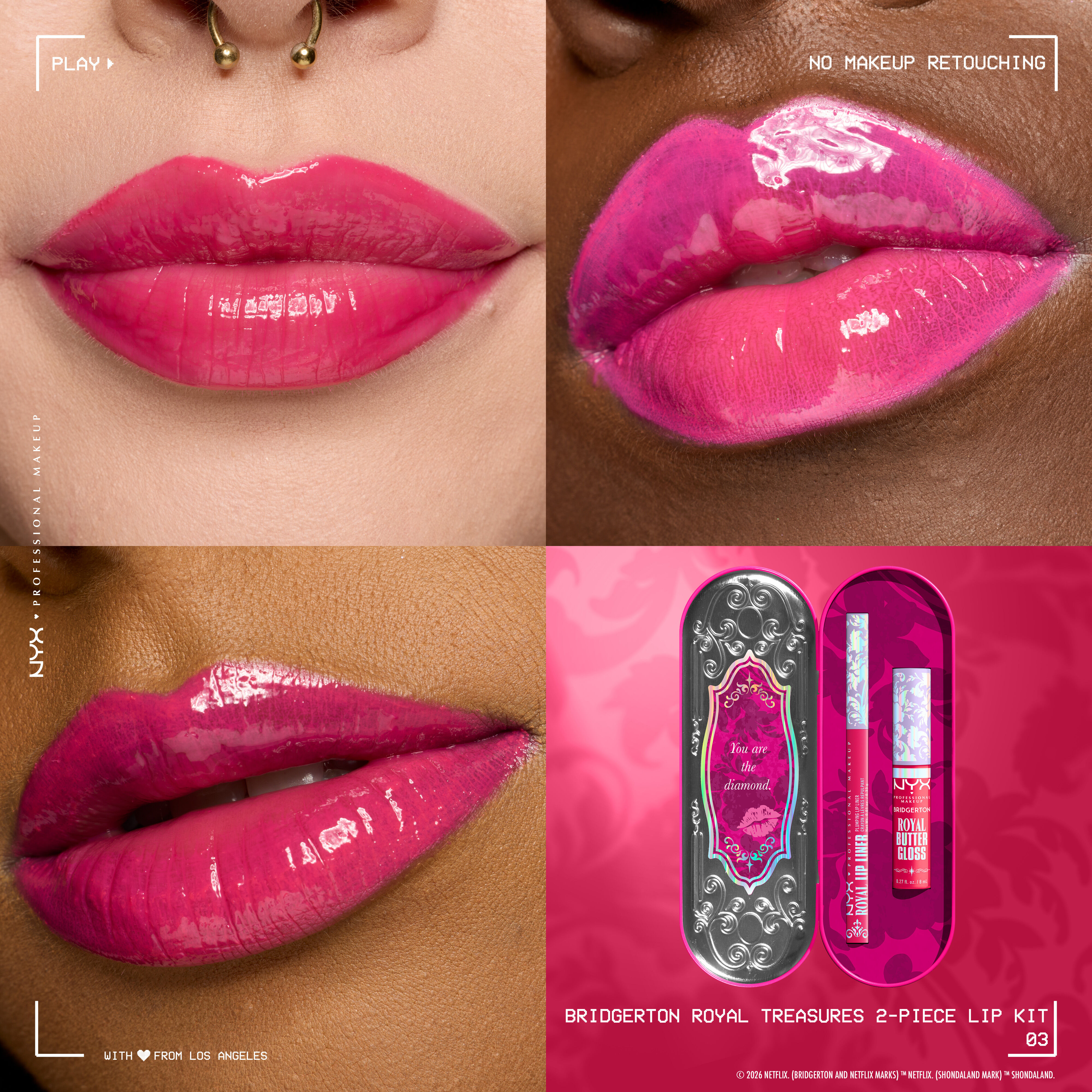 Lip macros of three different skintones wearing Bridgerton Royal Treasures 2-Piece Lip Kit and an image of the product packs next to the lips in shade Summer Fruit, Rumour Has It