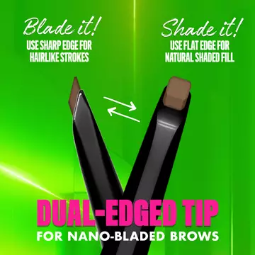 dual-edged tip of Blade & Shade Nano Brow Pencil with text “dual-edged tip for nano-bladed brows”