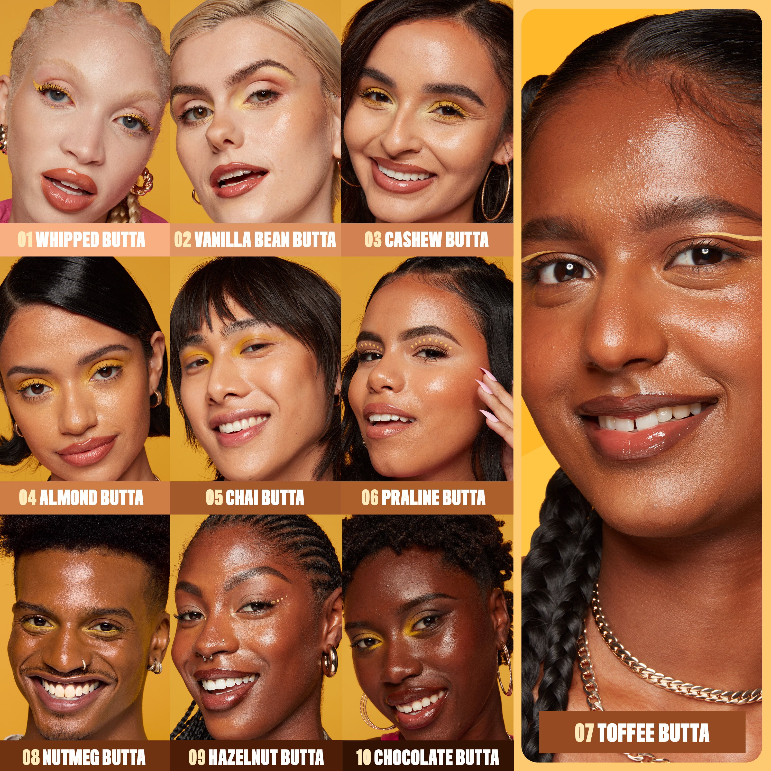 models wearing all ten shades of Buttermelt Glaze Skin Tint with SPF 30