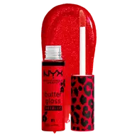 NYX Professional Makeup Party Animals Butter Gloss Bling Metallic in shade 01 Blood Moon, open red glitter lip gloss with applicator beside a glossy red swatch.