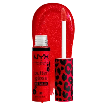 NYX Professional Makeup Party Animals Butter Gloss Bling Metallic in shade 01 Blood Moon, open red glitter lip gloss with applicator beside a glossy red swatch.
