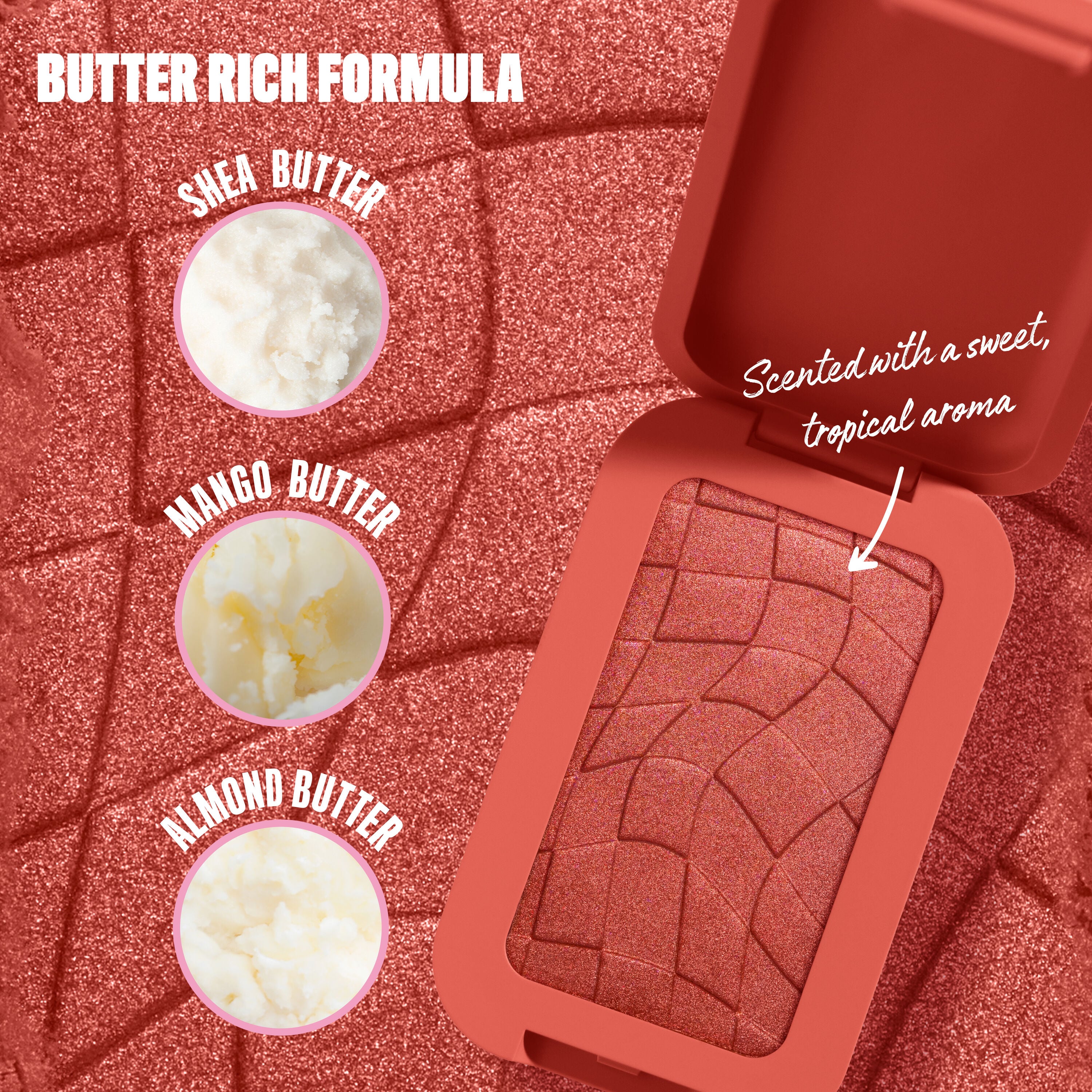 Open NYX Professional Makeup Buttermelt Blush compact in 4.25 Butta Sunset Sorbet, a glowy peach powder blush, on a matching peach shimmer backdrop with shea butter, mango butter, and almond butter ingredient callouts.