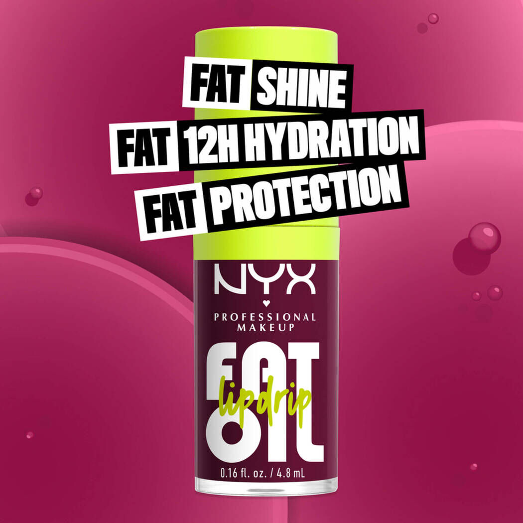 Fat Oil Lip Drip Lip Oil in shade That's Chic bottle. Fat Shine. Fat 12H Hydration. Fat Protection.