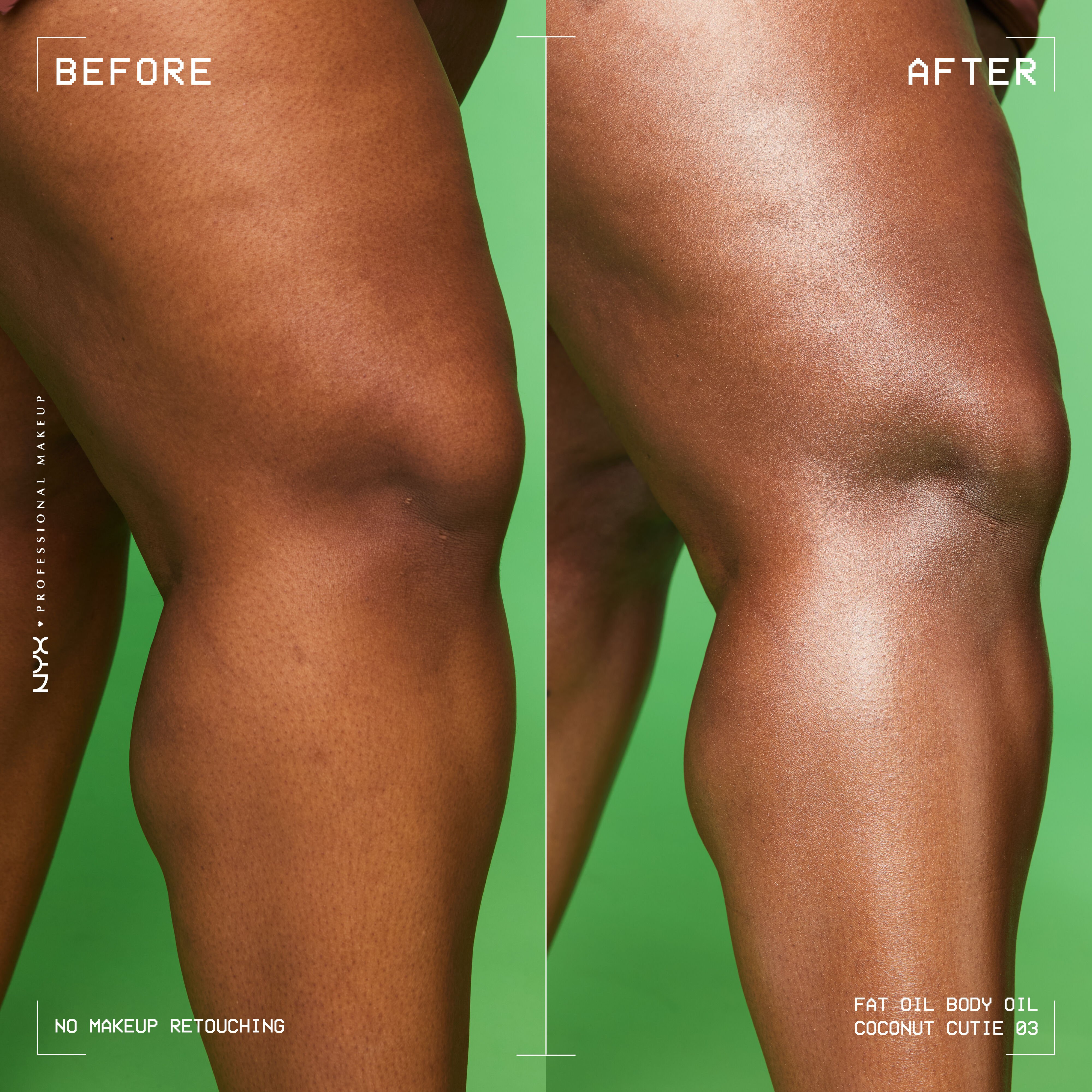NYX Professional Makeup Body Oil in Coconut Cutie before and after showing smoother, more radiant skin with hydrated glow finish.