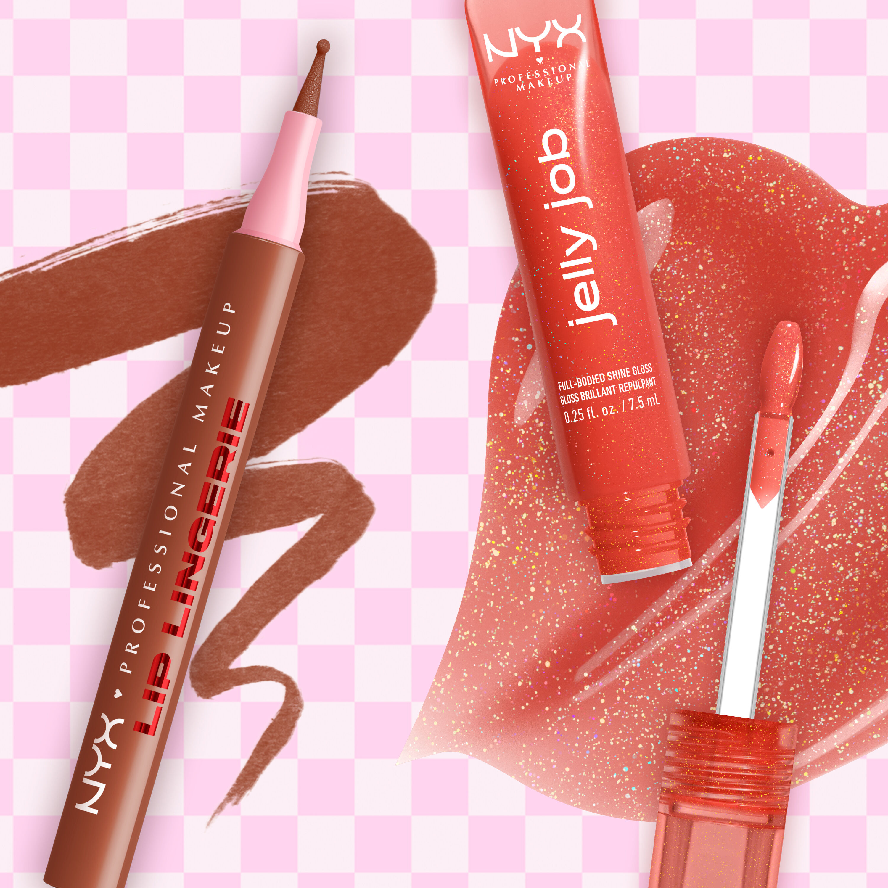 NYX Professional Makeup Lip Lingerie Lip Liner Stain in 02 Naughty Nude and Jelly Job Full Bodied Shine Gloss in 12 Jelly Squeeze displayed in a flatlay with swatches on a pink check background.