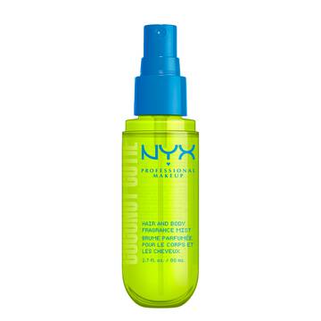 NYX Professional Makeup Coconut Cutie Hair & Body Fragrance Mist - front packshot of lime green bottle with blue nozzle on white background.