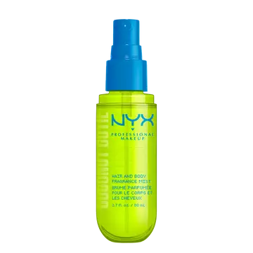 NYX Professional Makeup Coconut Cutie Hair & Body Fragrance Mist - front packshot of lime green bottle with blue nozzle on white background.
