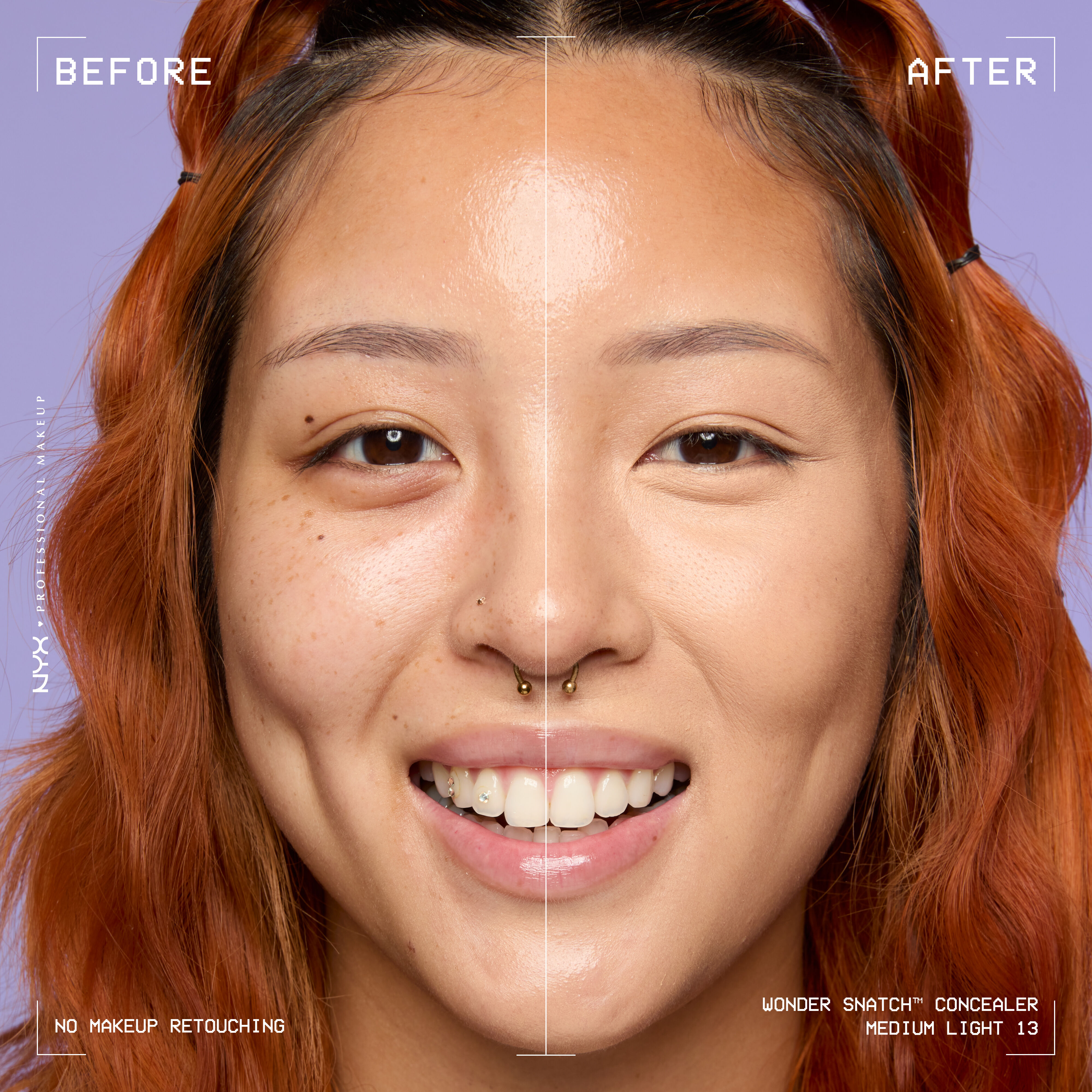 Before-and-after comparison of model wearing Wonder Snatch(TM) Concealer, showing brighter under-eyes and smoother-looking skin.