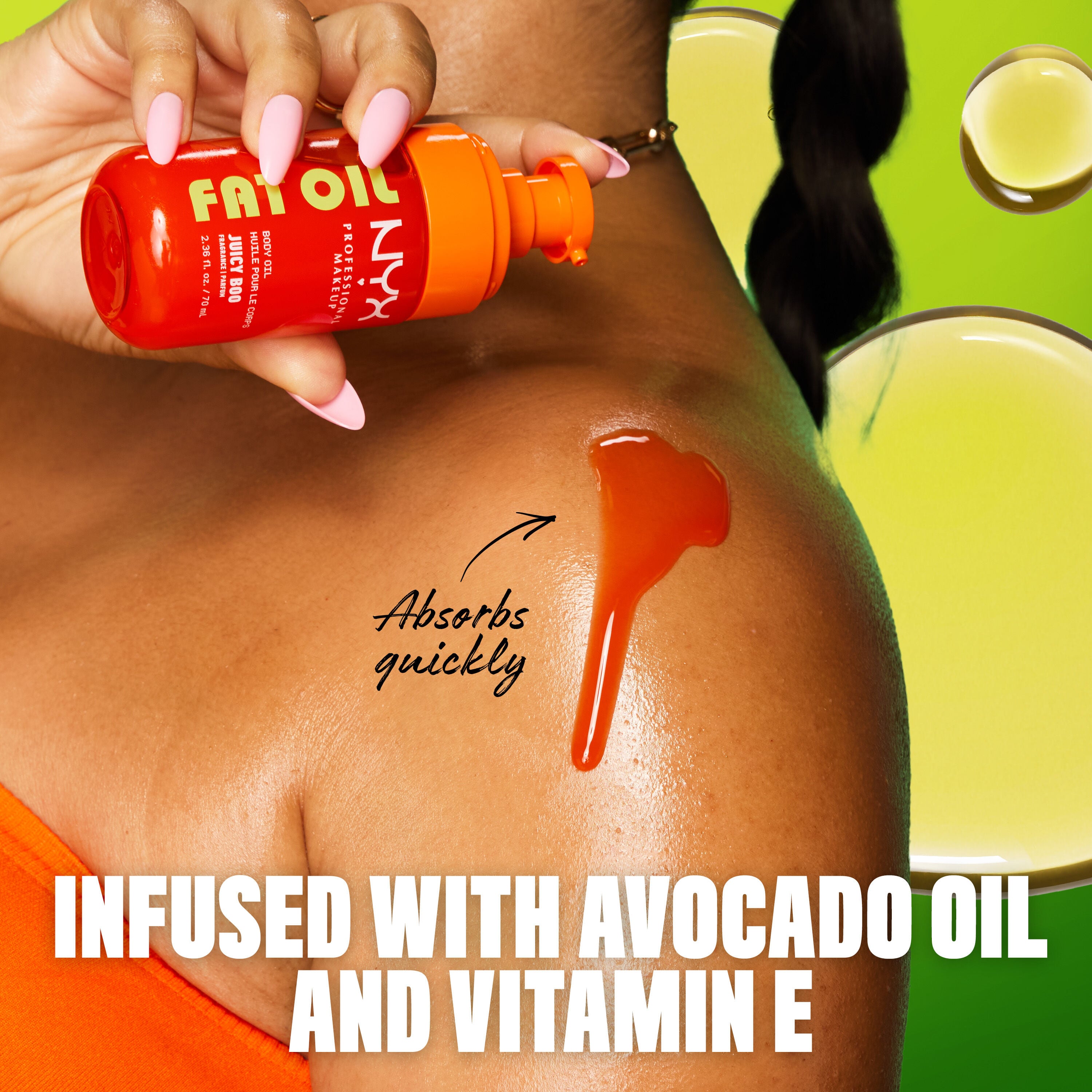 Infused with avocado oil & vitamin E- ingredient callout with model on lime green background.