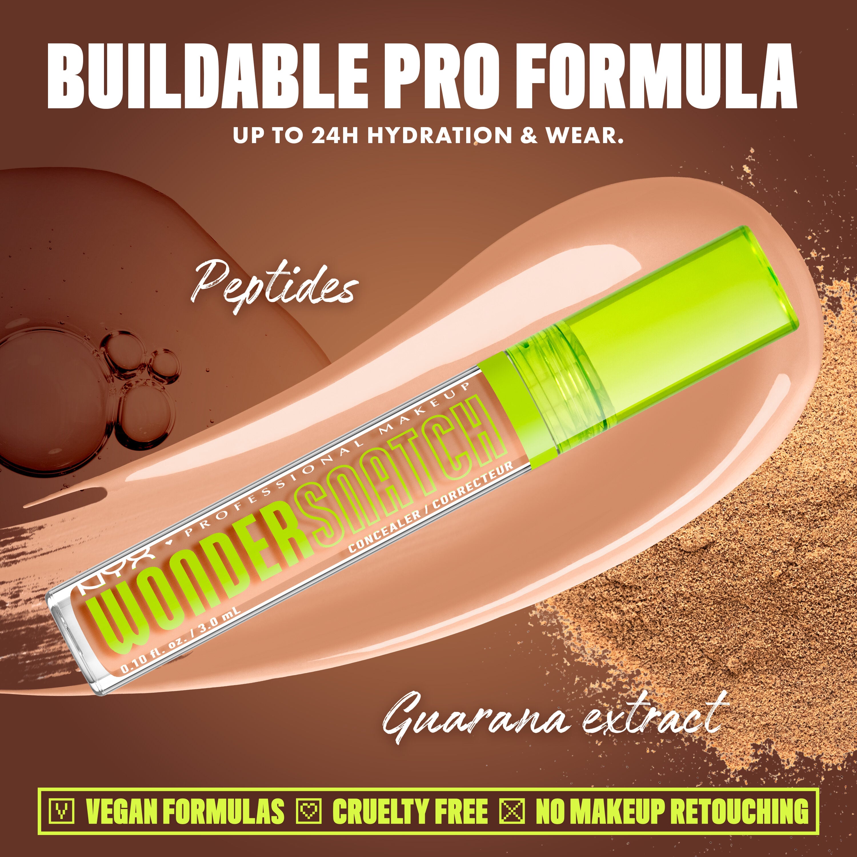 Wonder Snatch(TM) Concealer image with text: "Buildable Pro Formula. Up to 24H Hydration & Wear. Peptides. Guarana extract. Vegan Formulas. Cruelty Free. No Makeup Retouching."