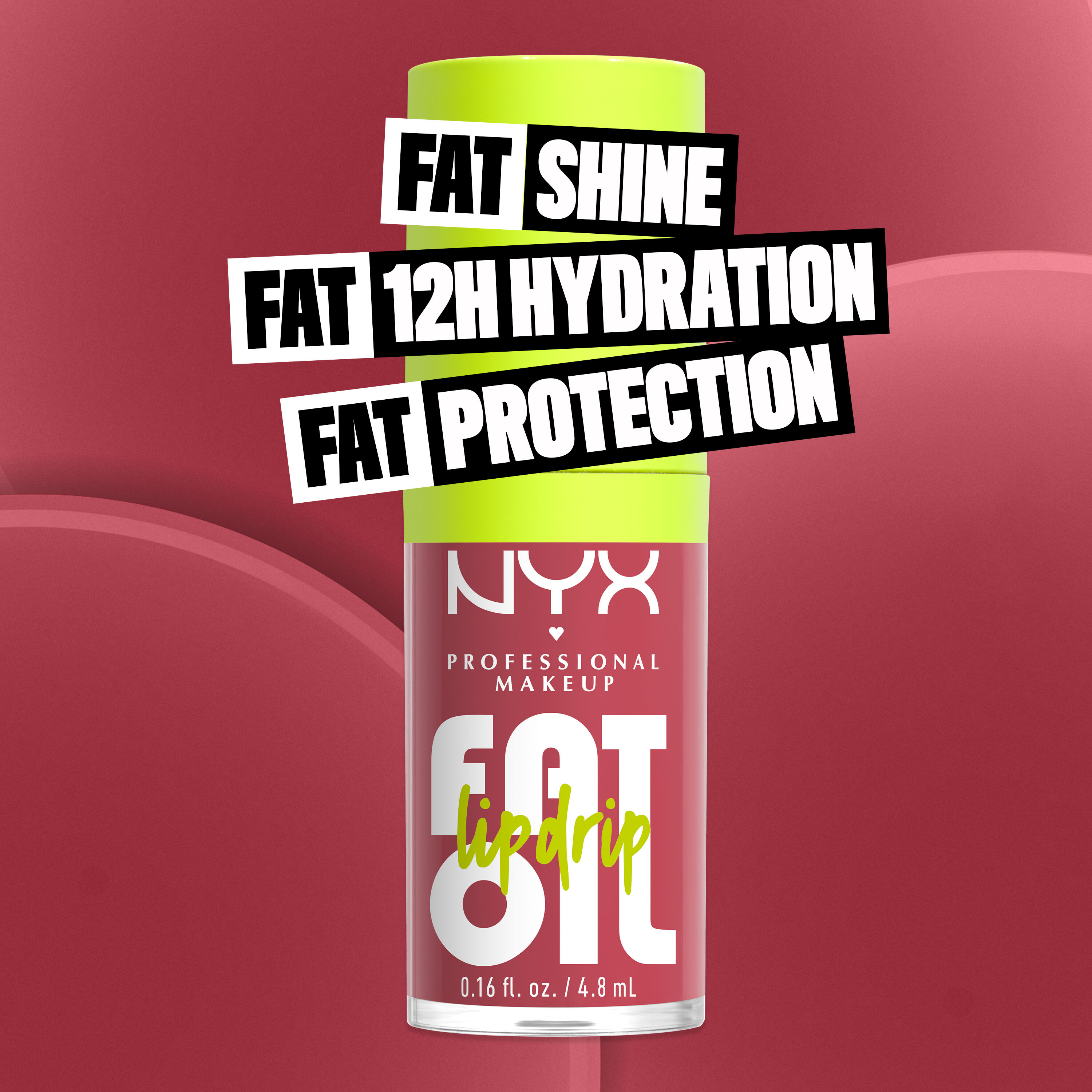 Fat Oil Lip Drip Lip Oil in shade Chillin' Like A Villain bottle. Fat Shine. Fat 12H Hydration. Fat Protection.