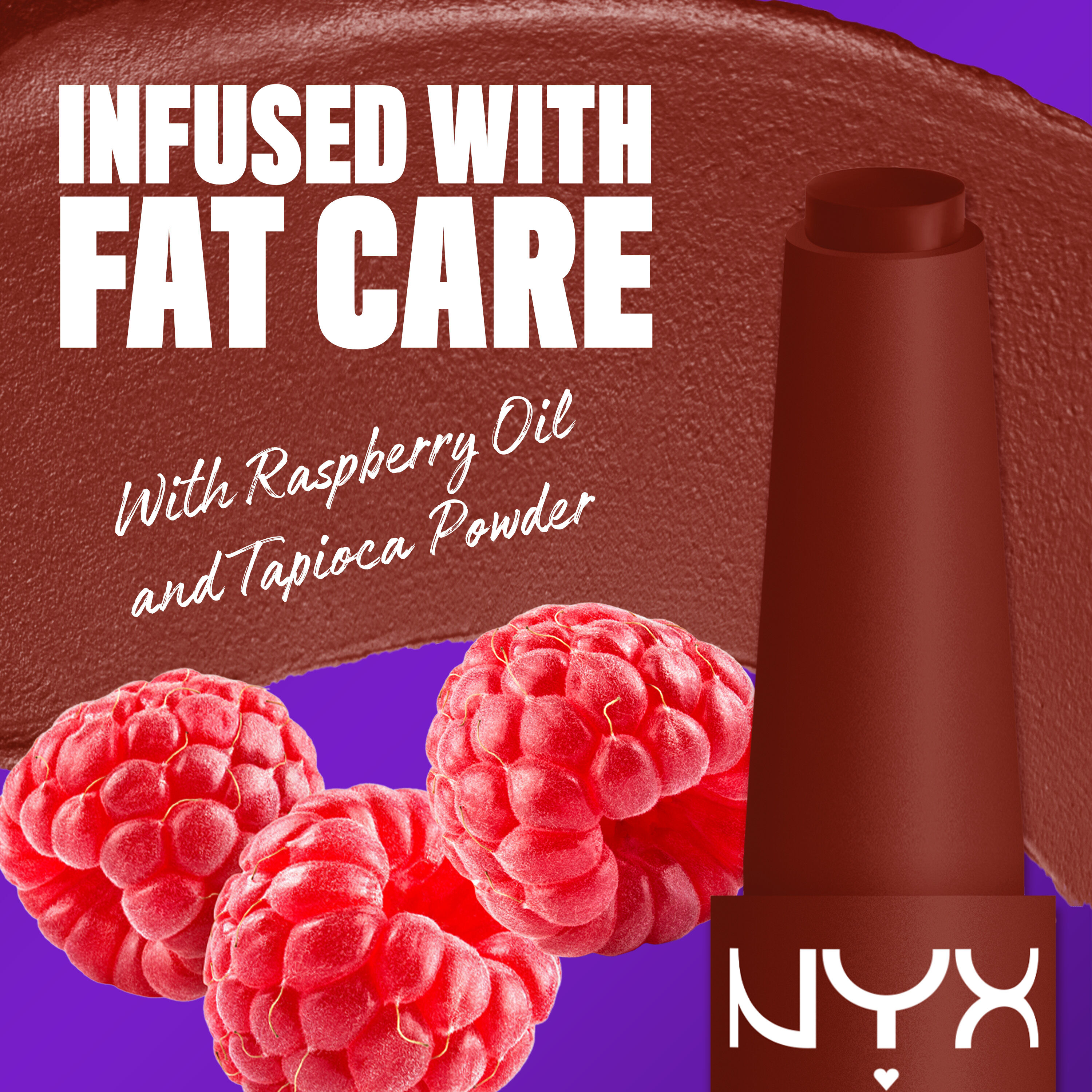 NYX Professional Makeup Fat Matte Smooth Color Lipstick infused with raspberry oil and tapioca powder for soft, smooth creamy matte lip color.