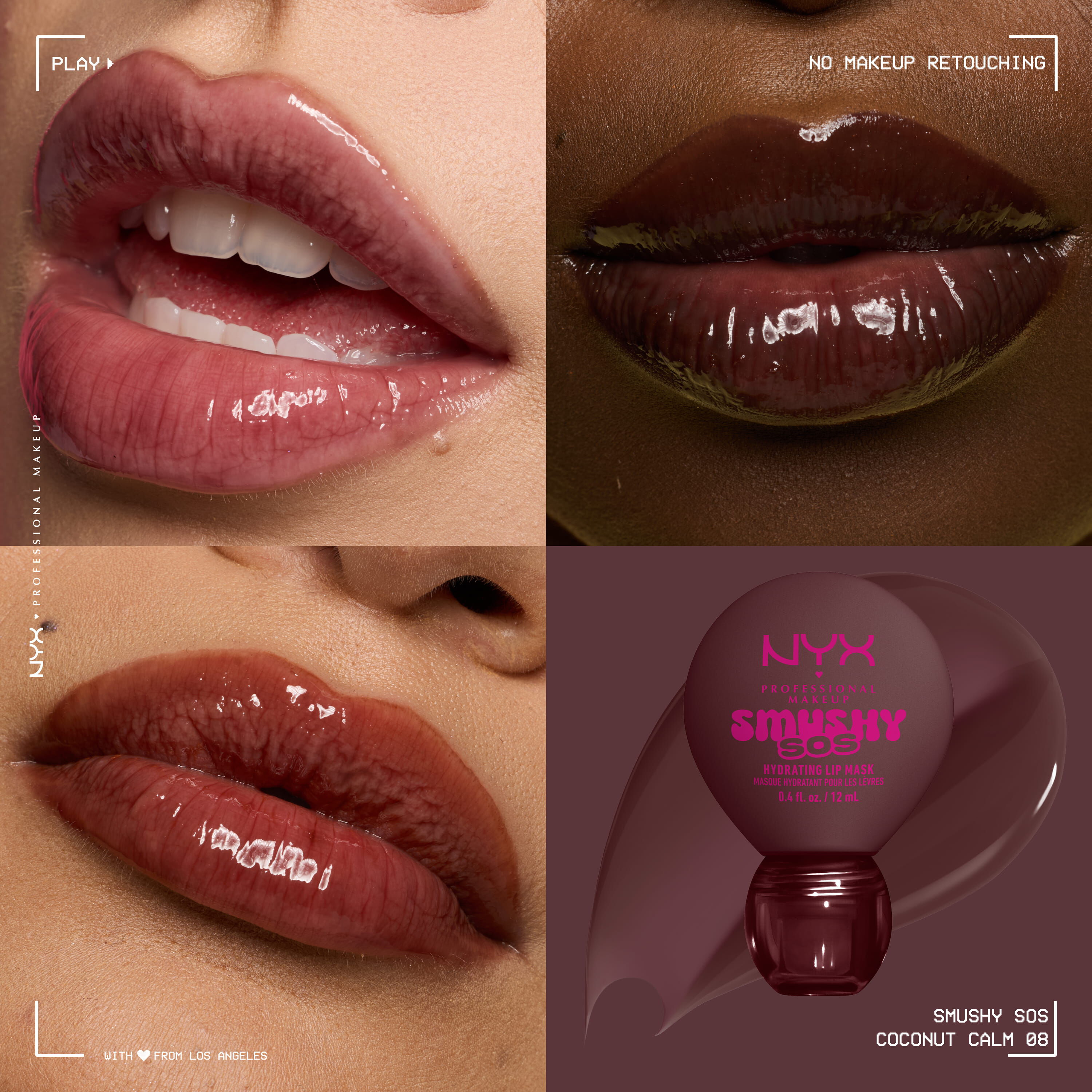 NYX Professional Makeup Smushy SOS tinted lip balm in Coconut Calm, a cool brown shade, on three skin tones