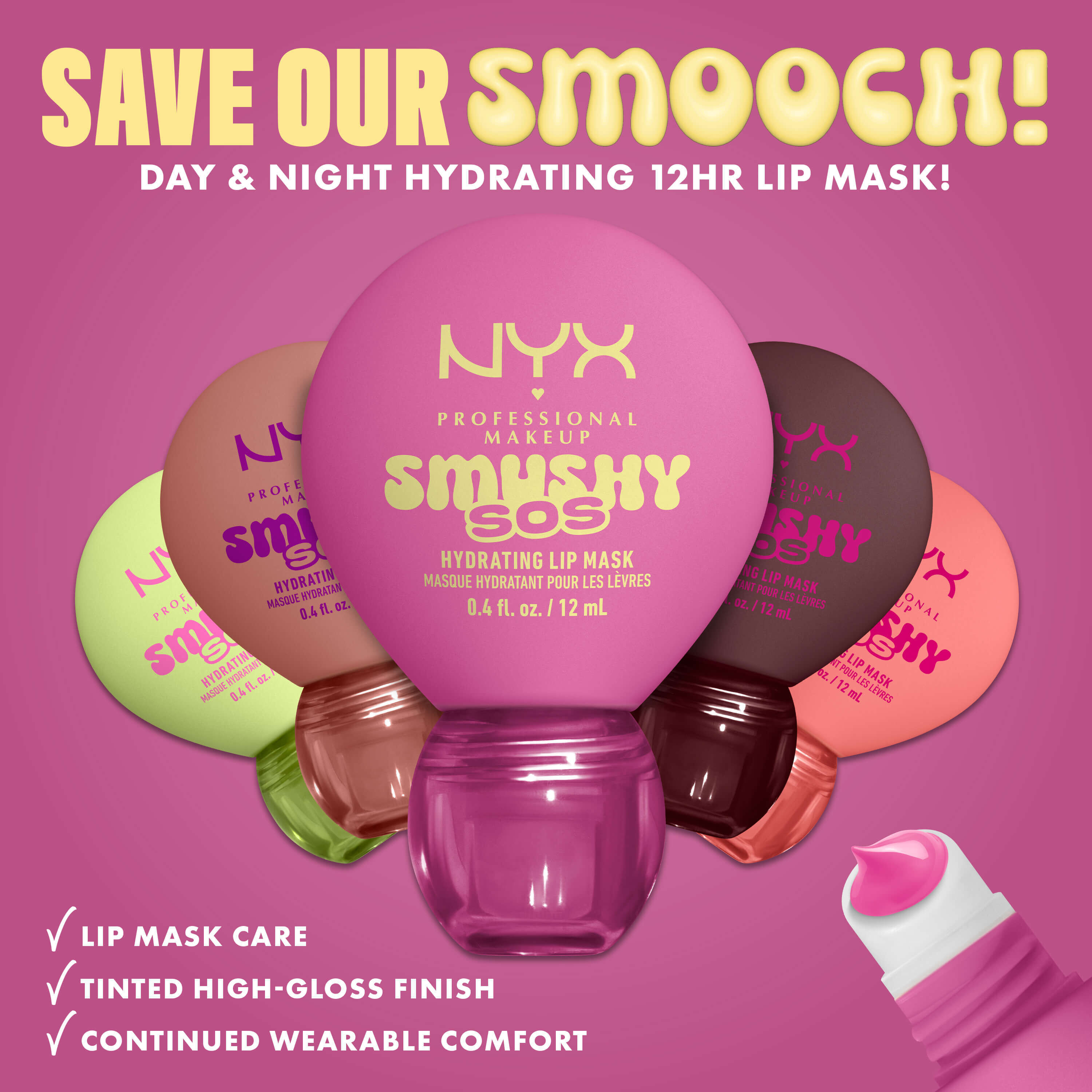 Five NYX Professional Makeup Smushy SOS Day and Night Hydrating Lip Mask tubes with tinted high-gloss finish