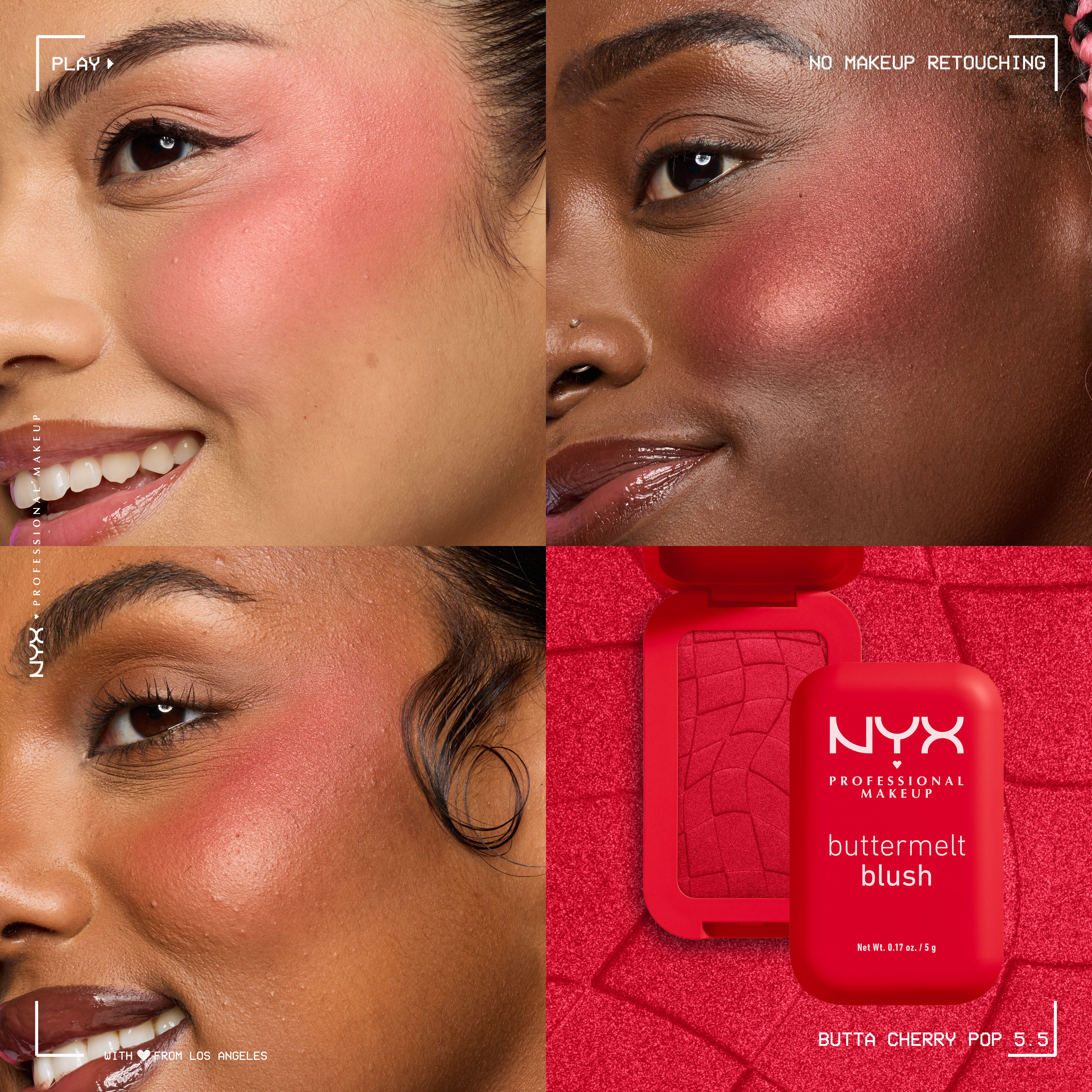Three close-up cheek shots in fair, deep, and medium skin tones each wearing NYX Professional Makeup Buttermelt Blush in 5.5 Butta Cherry Pop, a bright cherry red powder blush, alongside the open compact.