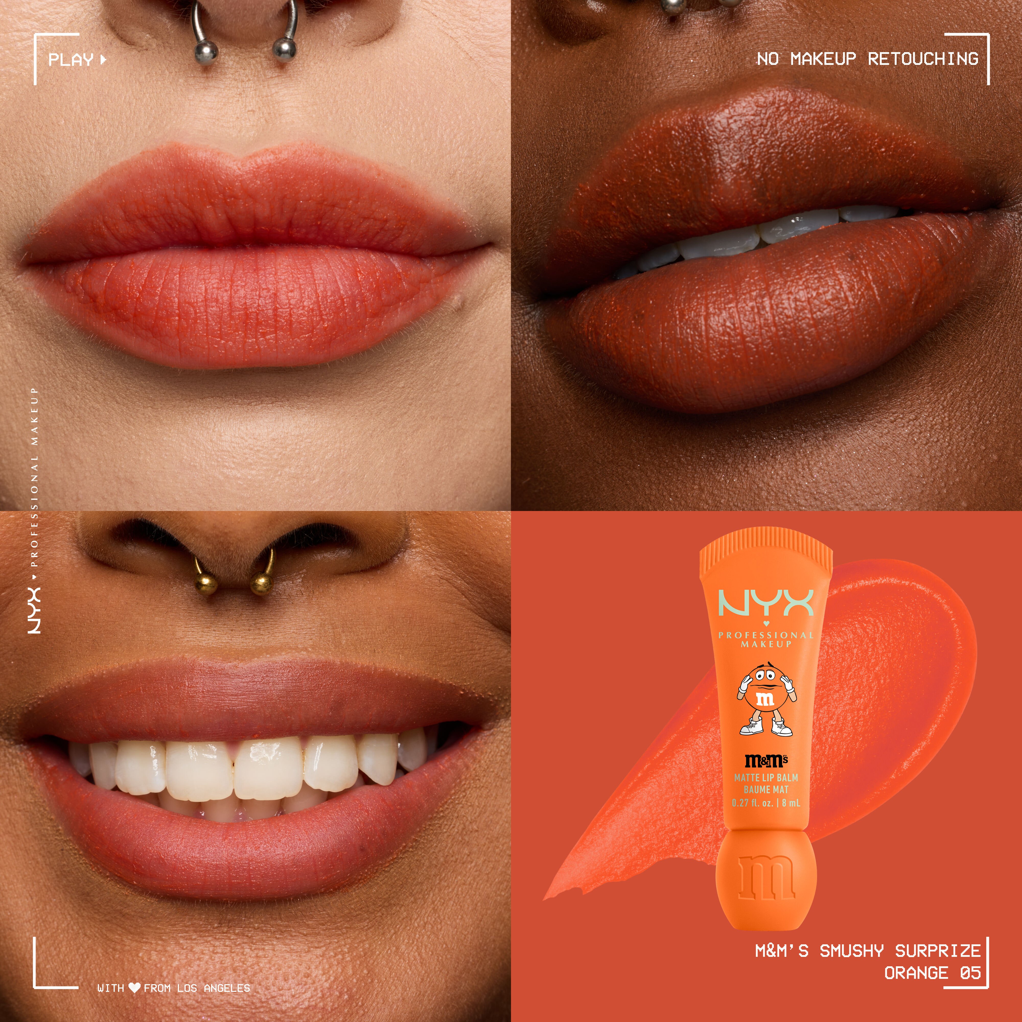 Close-up collage of three models wearing NYX Professional Makeup M&M'S Smushy Surprize Orange 05 matte lip balm, with the orange tube and matching lip swatch shown on the right.