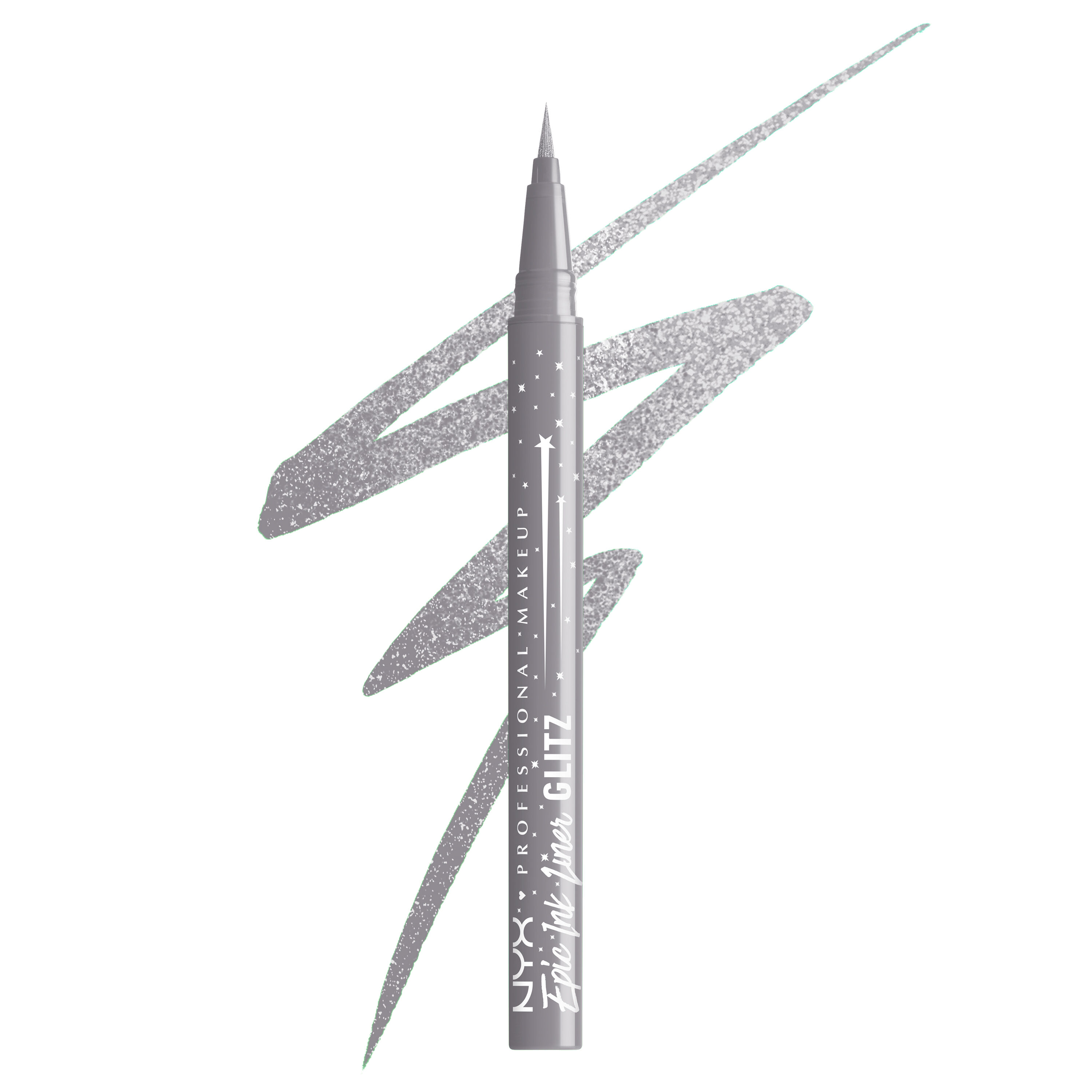 Epic Ink Waterproof Liquid Eyeliner packshot in shade Flashy Flare with shimmer light grey squiggle in the background