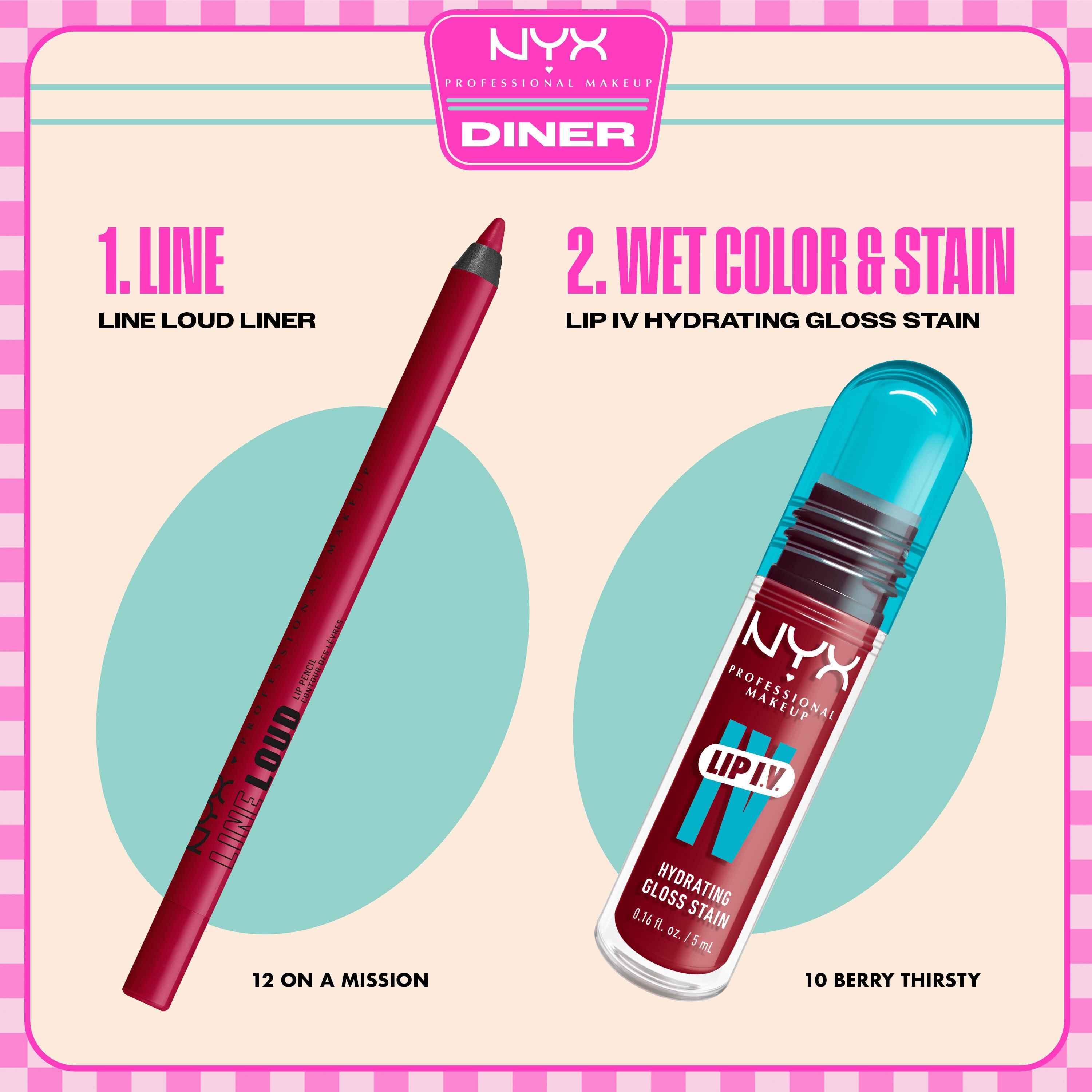 NYX Professional Makeup Line Loud Lip Liner in 12 On A Mission and Lip I.V. Hydrating Lip Gloss Stain shown as a two-step lip routine.