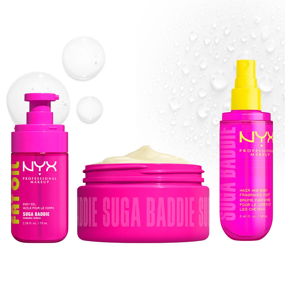 Three bright pink NYX Professional Makeup body care products on a light background: Fat Oil Suga Baddie body oil, Suga Baddie Body Butter in an open jar, and Suga Baddie hair & body fragrance mist.