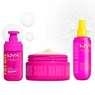 Three bright pink NYX Professional Makeup body care products on a light background: Fat Oil Suga Baddie body oil, Suga Baddie Body Butter in an open jar, and Suga Baddie hair & body fragrance mist.