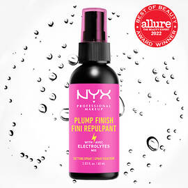 Plump Finish Setting Spray on white background with liquid beads, with Best of Beauty Allure badge