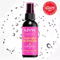 Plump Finish Setting Spray on white background with liquid beads, with Best of Beauty Allure badge