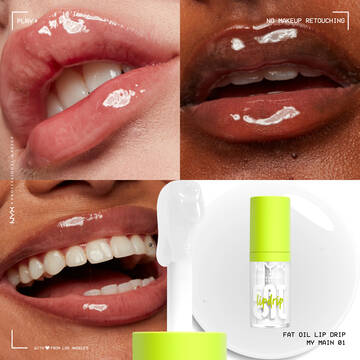 Fat Oil Lip Drip Lip Oil in shade "My Main" on three different skin tones