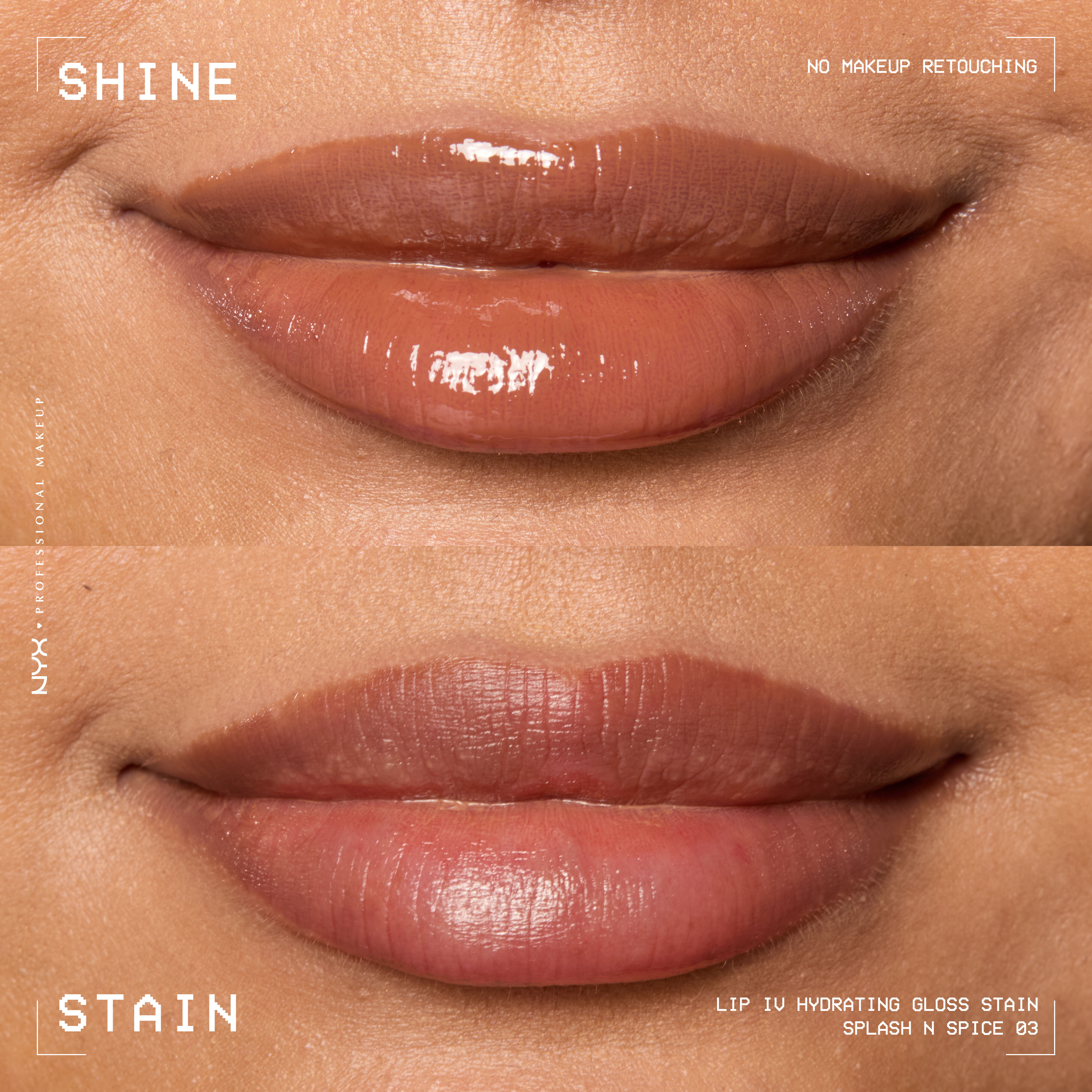 comparison of lips when glossy from Lip I.V. Hydrating Lip Stain vs after staining labeled “Shine” and “Stain”