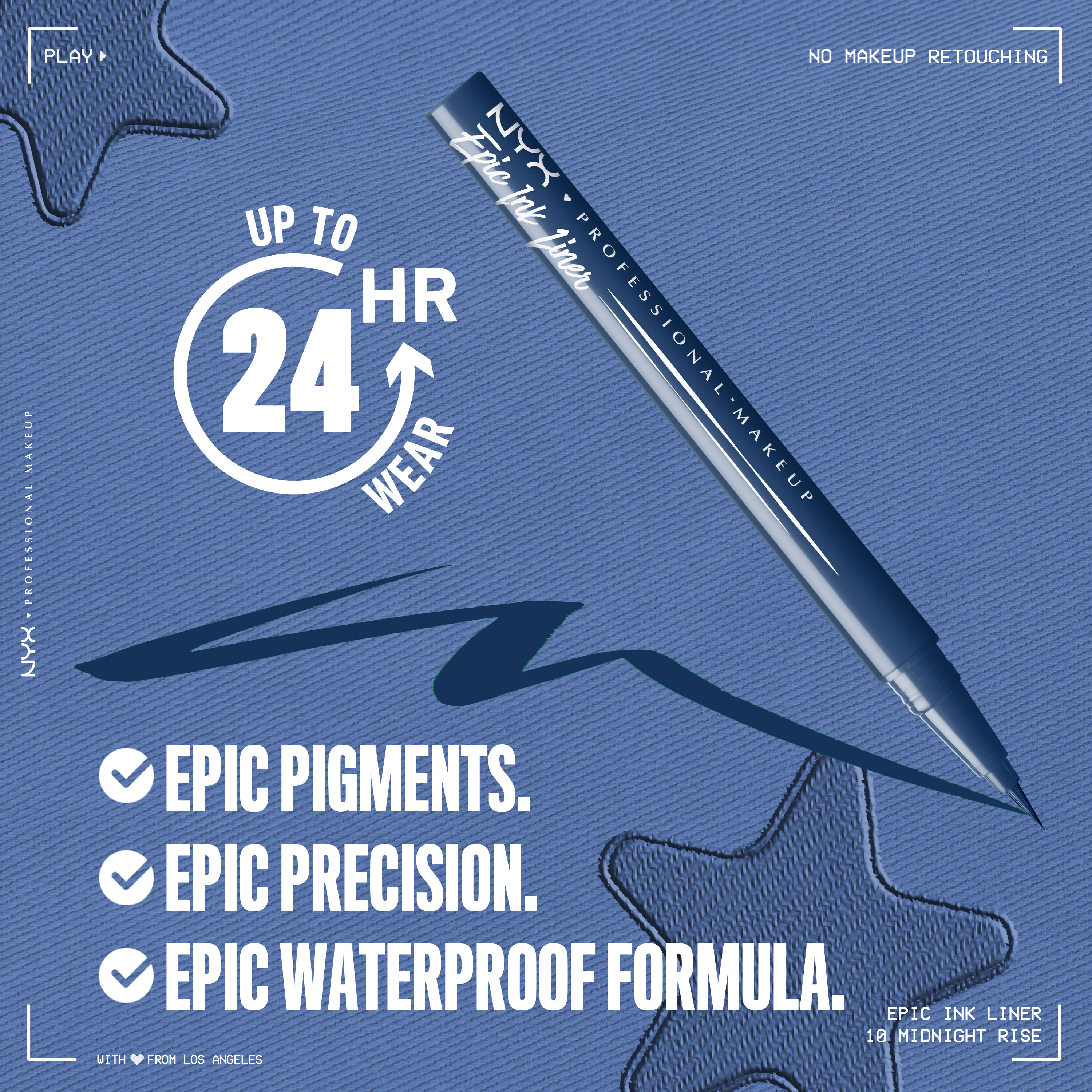 Epic Ink Liner in matte deep navy with text "Up to 24 HR wear. Epic Pigments. Epic Precision. Epic Waterproof Formula"