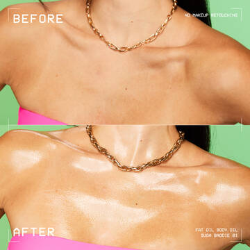 Close-up of model's neck before applying body oil and after showing clear, glossy skin finish.