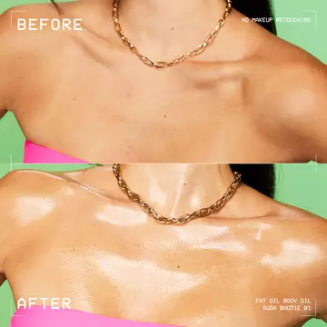 Close-up of model's neck before applying body oil and after showing clear, glossy skin finish.