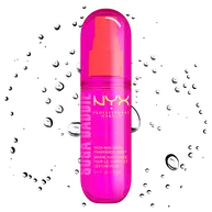 Front packshot of Suga Baddie Hair & Body Spray Mist with droplet particles on white background.