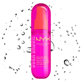 Front packshot of Suga Baddie Hair & Body Spray Mist with droplet particles on white background.