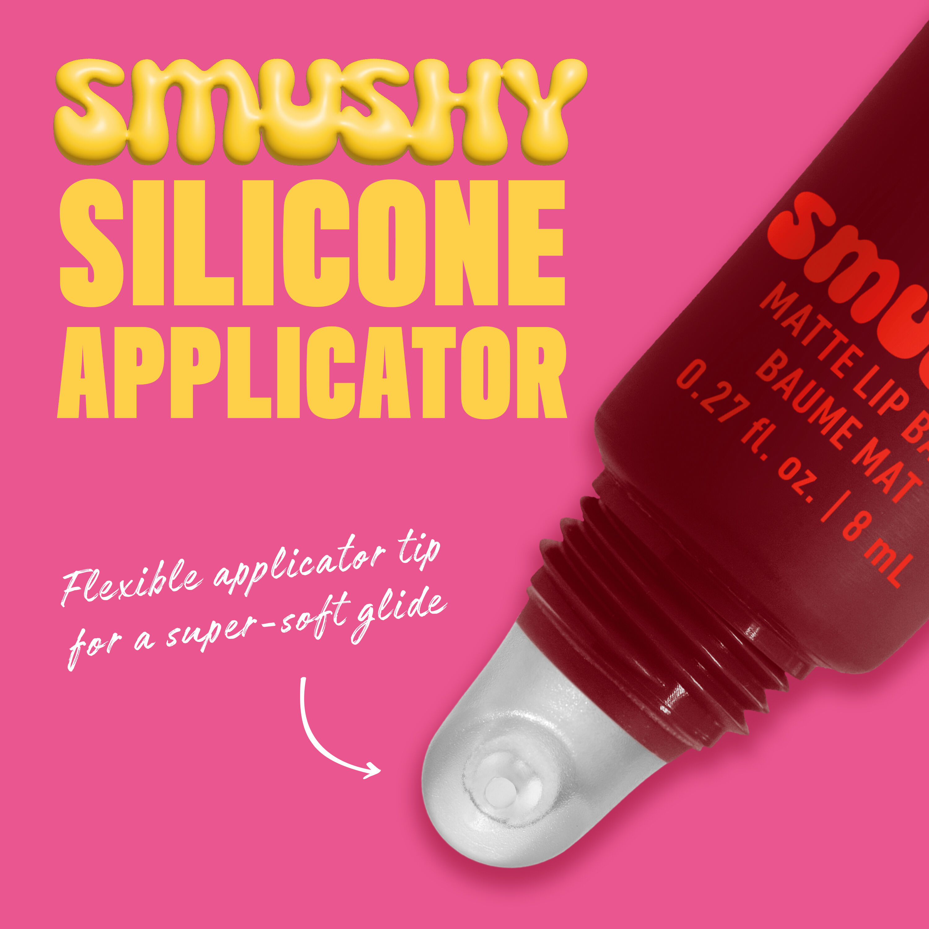 Closeup of Smushy Lip Balm in shade "Swipe 2 Smooth" silicone applicator with text "Flexible applicator tip for a super-soft glide"