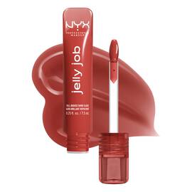 Open Jelly Job Jelly Lip Gloss in shade 'Jelly Filled', a spice brown jelly gloss with shade swatch in the background