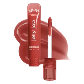 Open Jelly Job Jelly Lip Gloss in shade 'Jelly Filled', a spice brown jelly gloss with shade swatch in the background