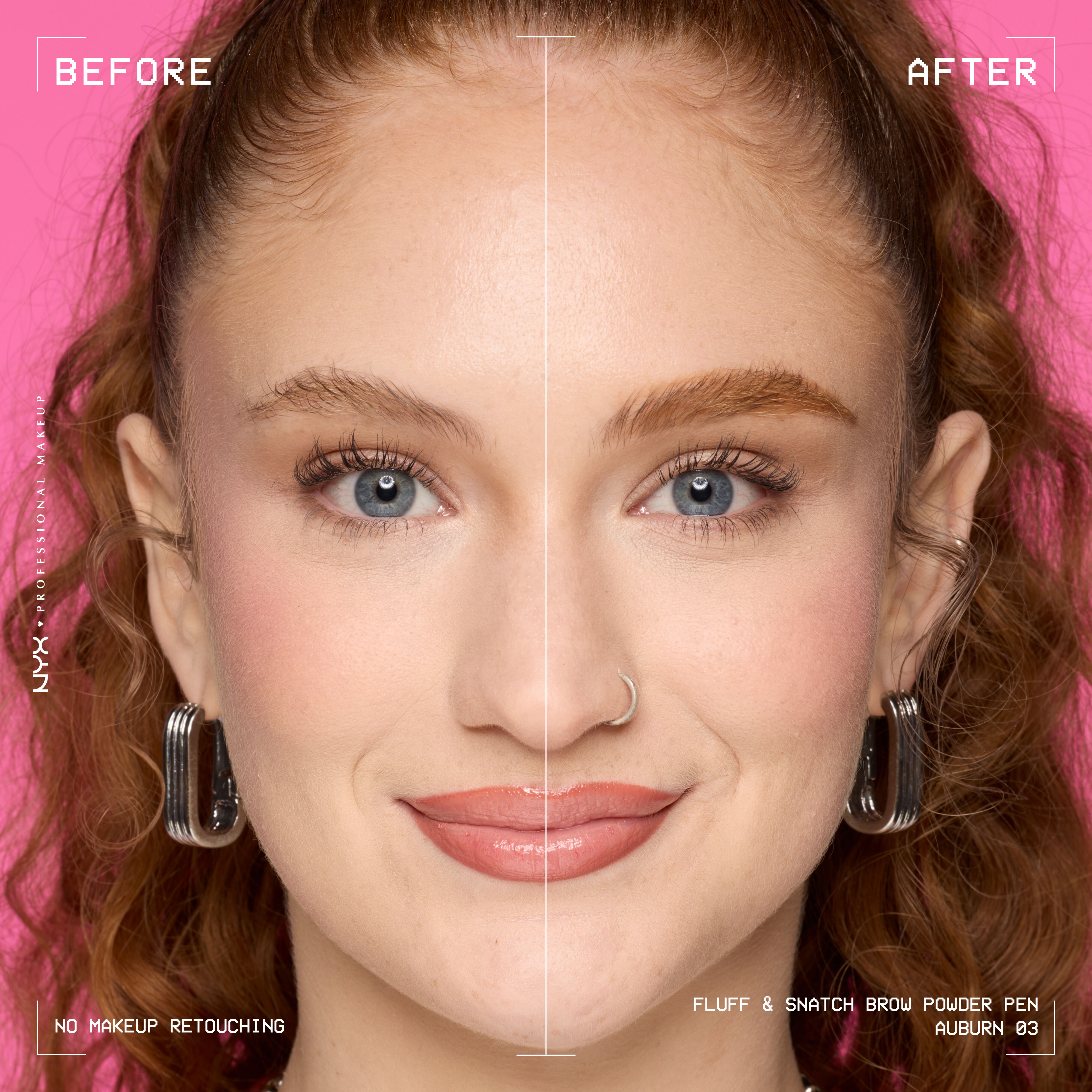 Model shown before and after using NYX Fluff and Snatch Brow Powder Pen against a pink background in shade 03 Auburn