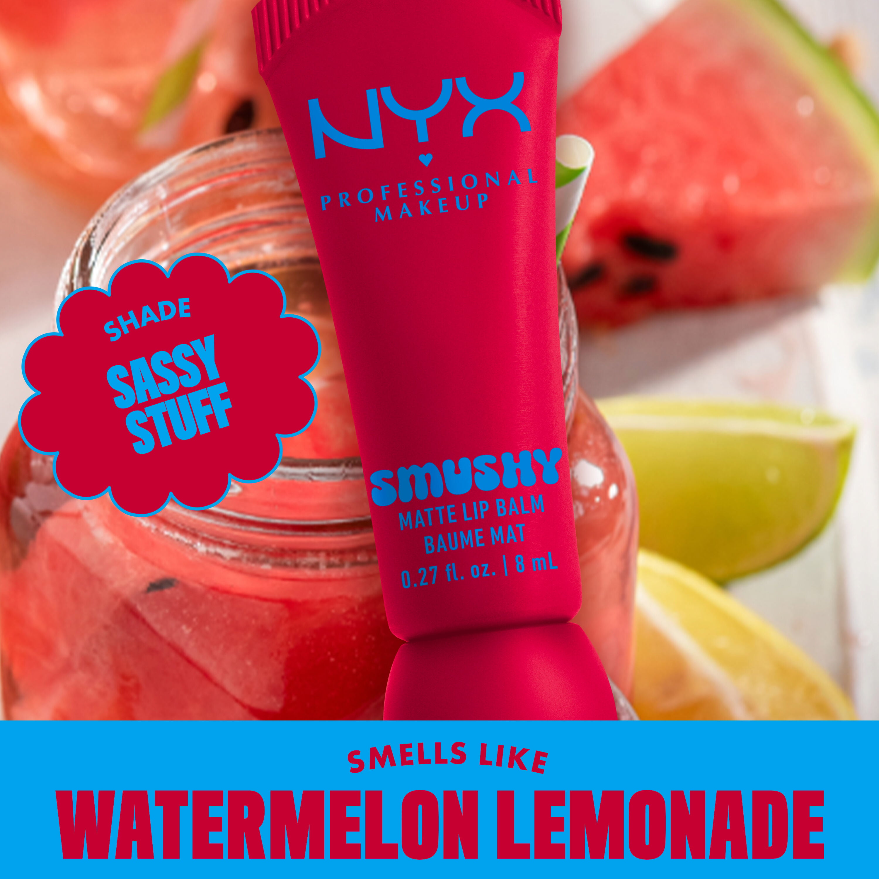 Smushy Matte Lip Balm in shade Sassy Stuff with watermelon and lemons with text "smells like watermelon lemonade"