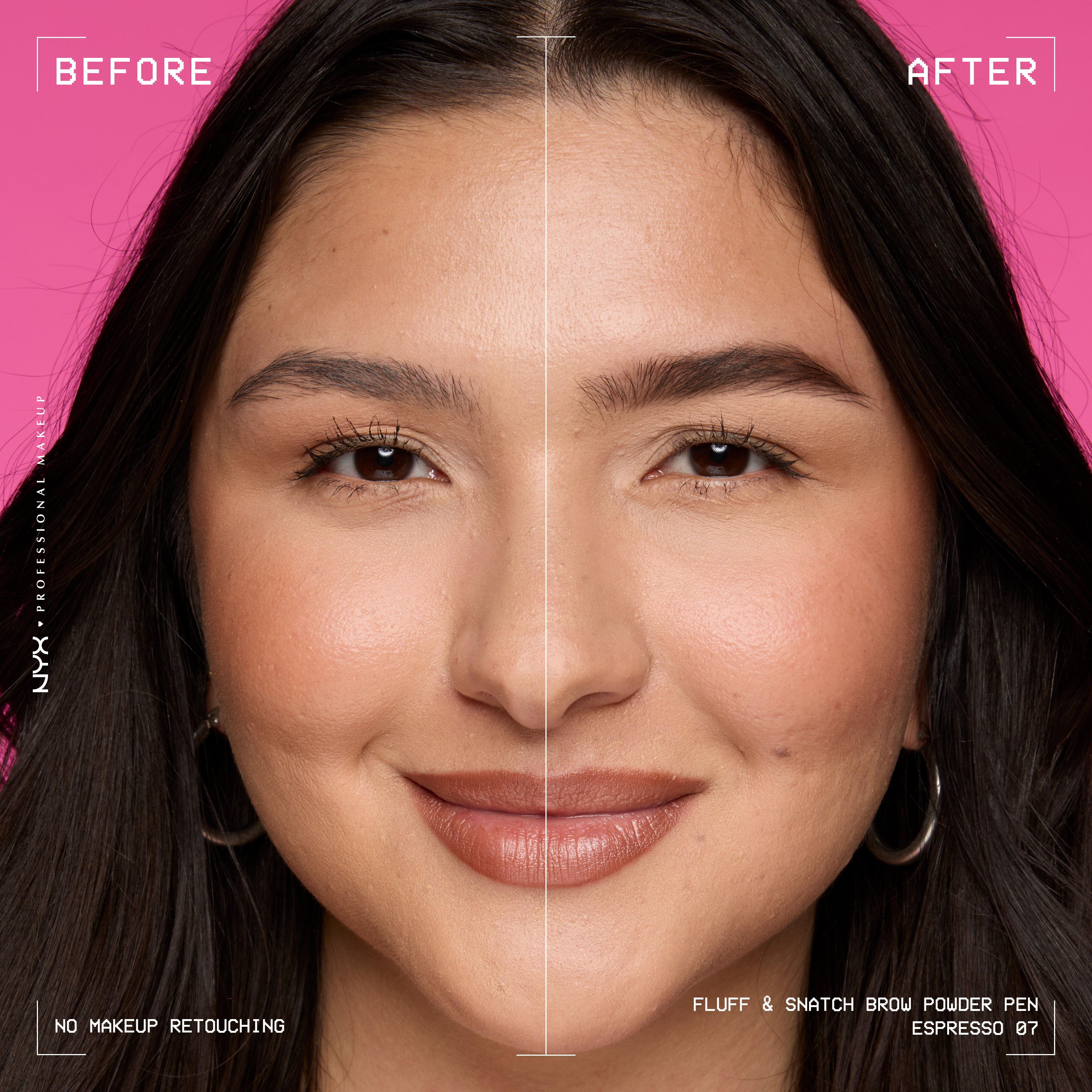 Model shown before and after using NYX Fluff and Snatch Brow Powder Pen against a pink background in shade 07 Espesso