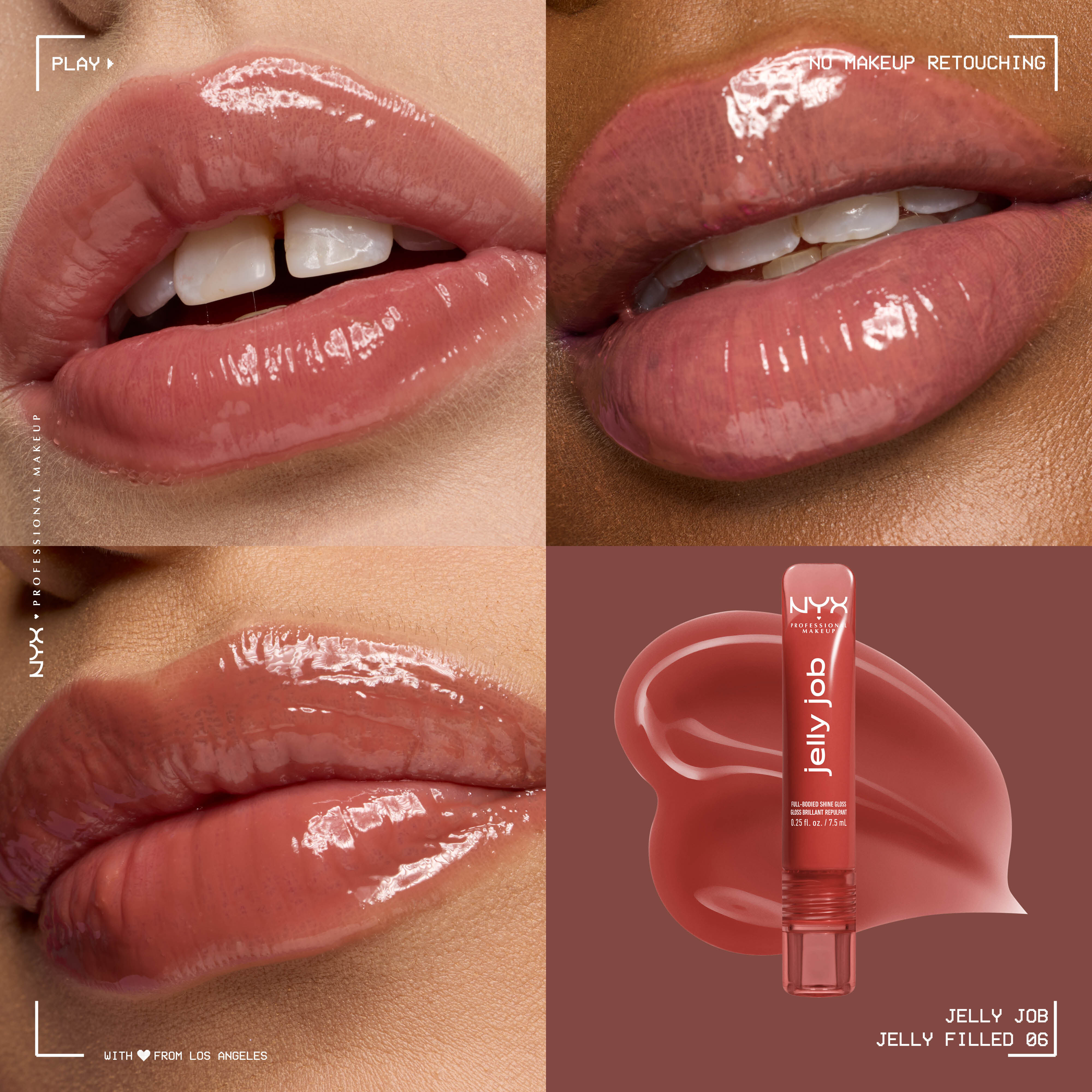 Close up of 3 models with varying skin tones wearing Jelly Job Jelly Lip Gloss in shade 'Jelly Filled', a spice brown color