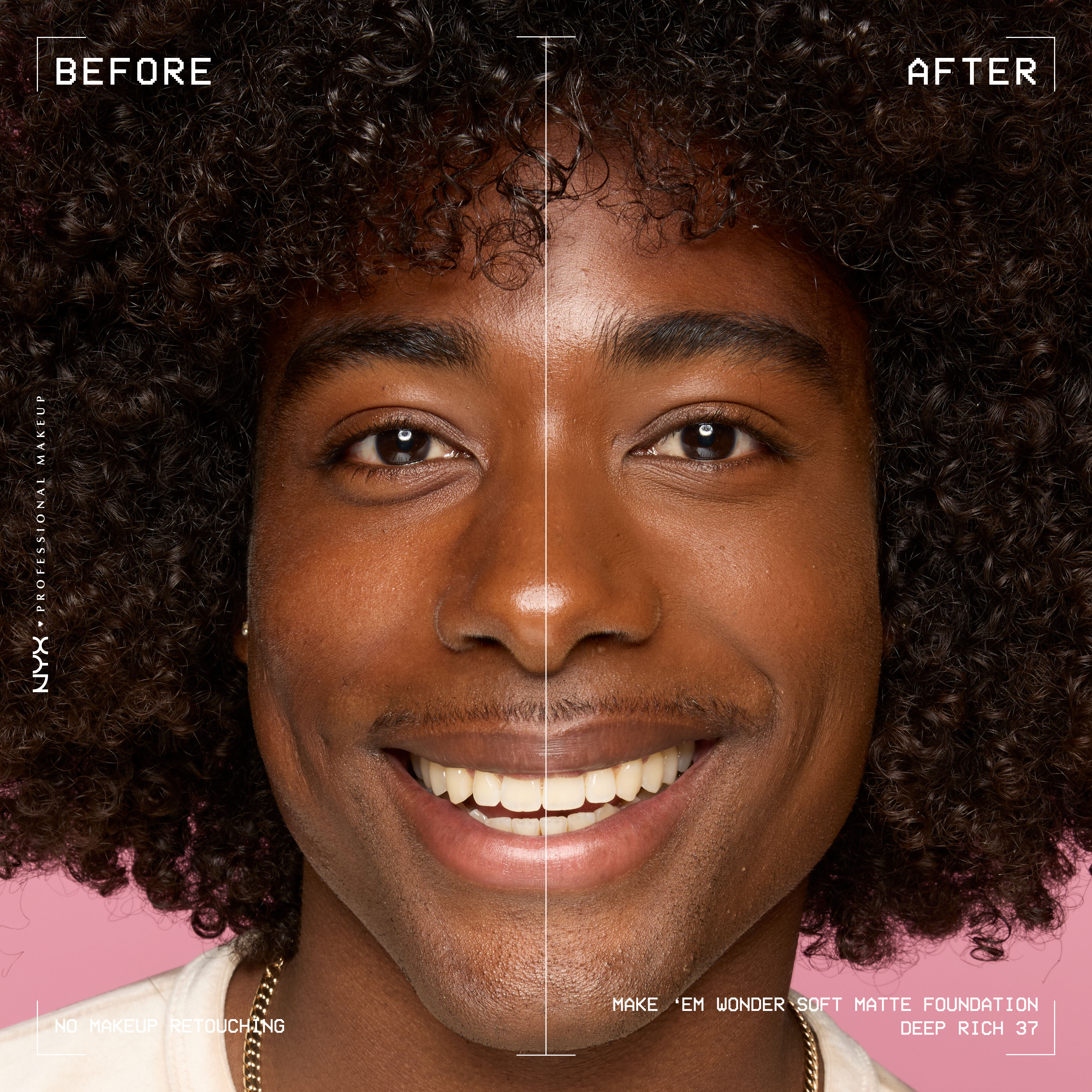 Before-and-after male model wearing NYX Make ’Em Wonder Foundation shade 37 Deep Rich, text overlay “Before / After.”