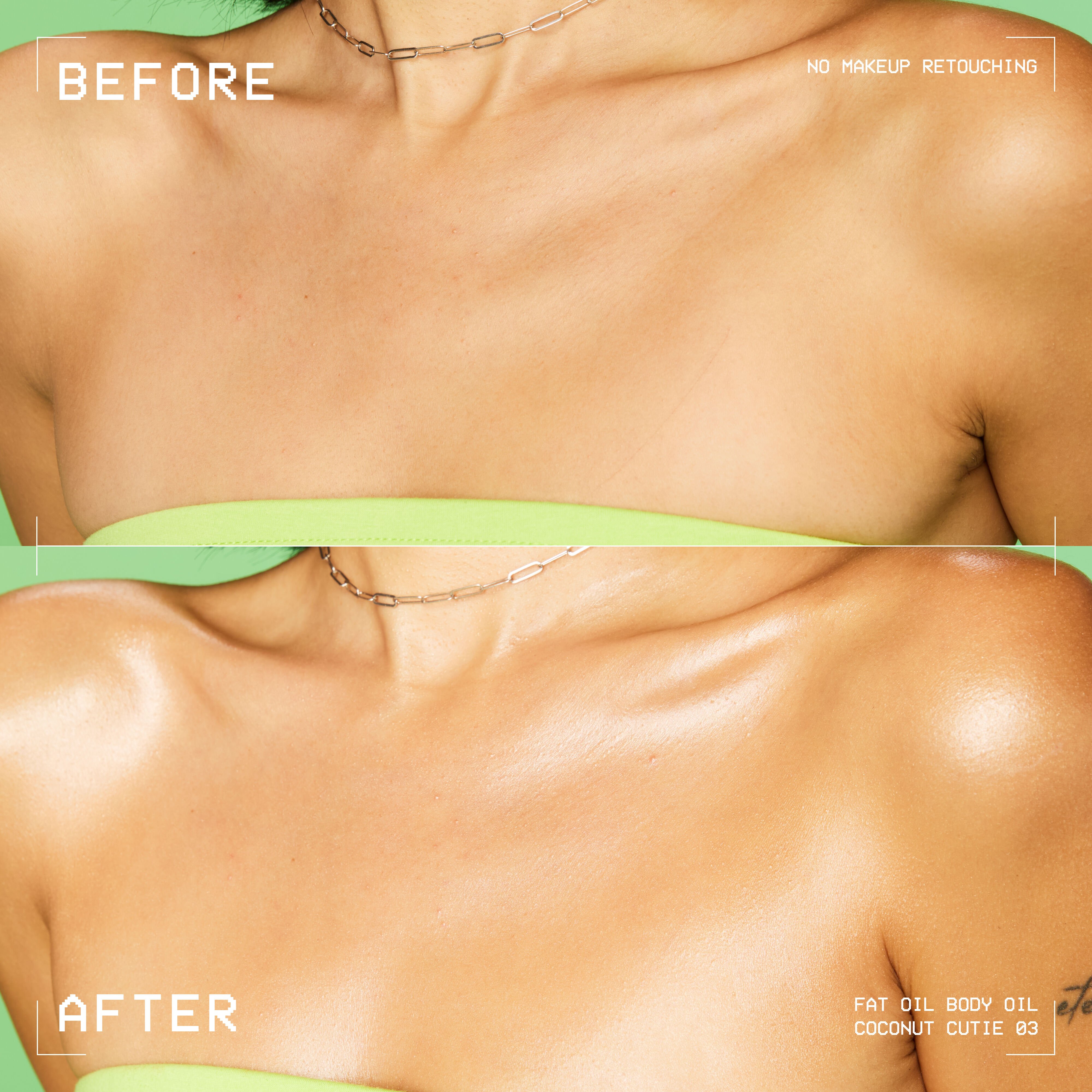 Before and after close-up of model's chest showing glowing body oil finish on lime green background.