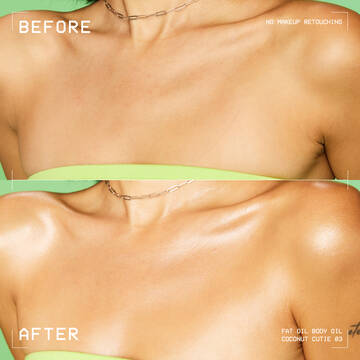 Before and after close-up of model's chest showing glowing body oil finish on lime green background.