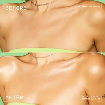 Before and after close-up of model's chest showing glowing body oil finish on lime green background.