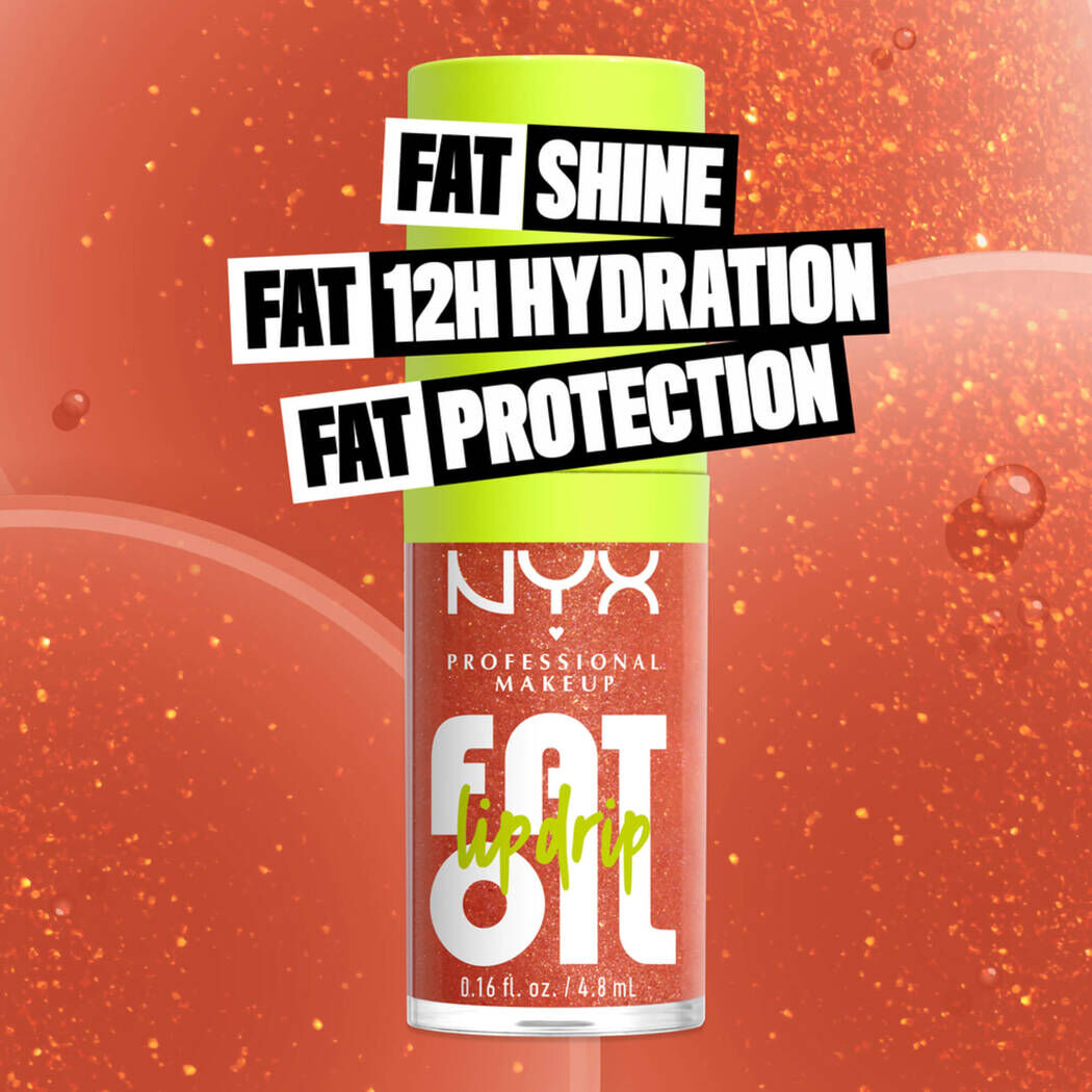 Fat Oil Lip Drip Lip Oil in shade Follow Back bottle. Fat Shine. Fat 12H Hydration. Fat Protection.