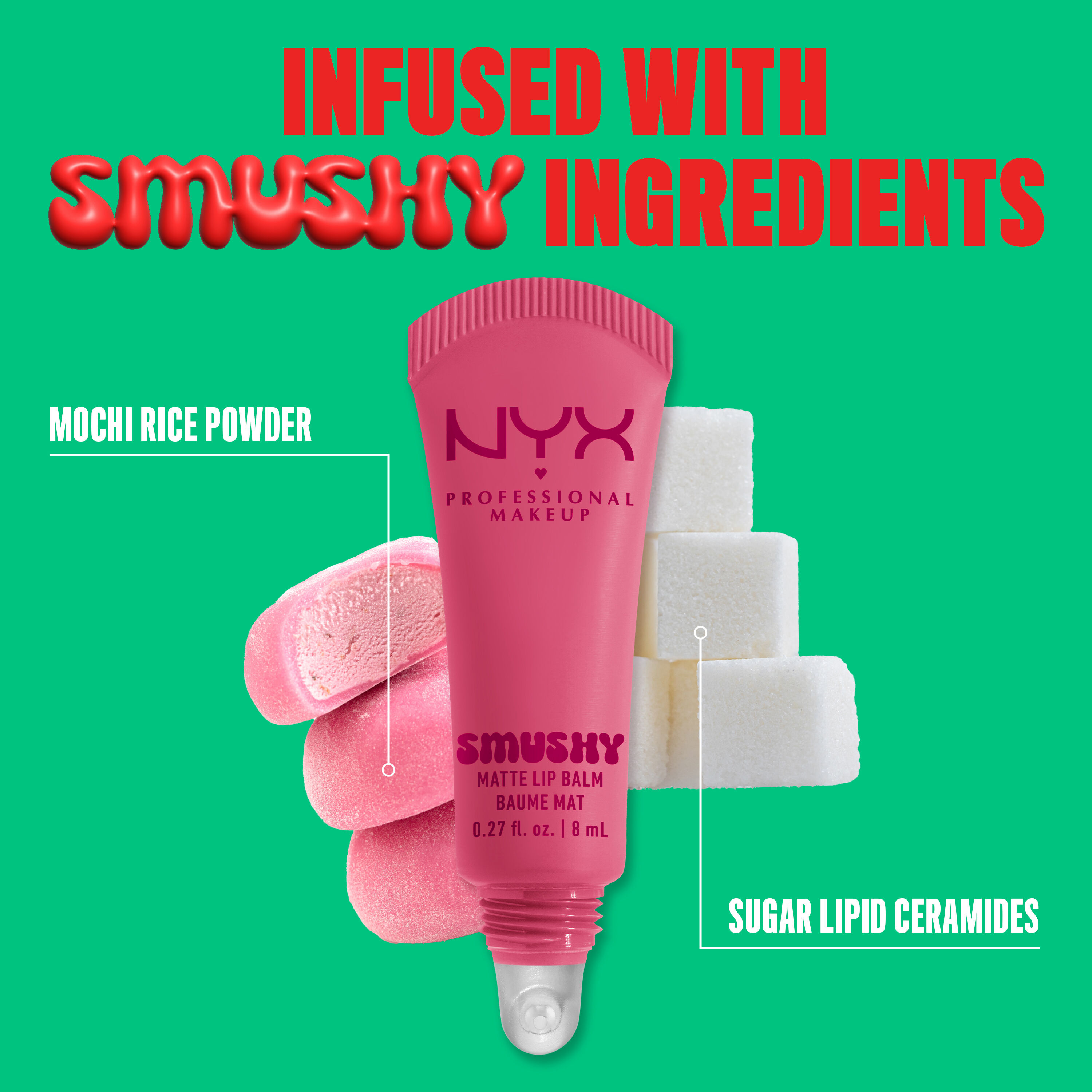 Smushy Matte Lip Balm in shade "Swipe Sesh" with mochi & sugar cubes with text "mochi rice powder" & "sugar lipid ceramides"