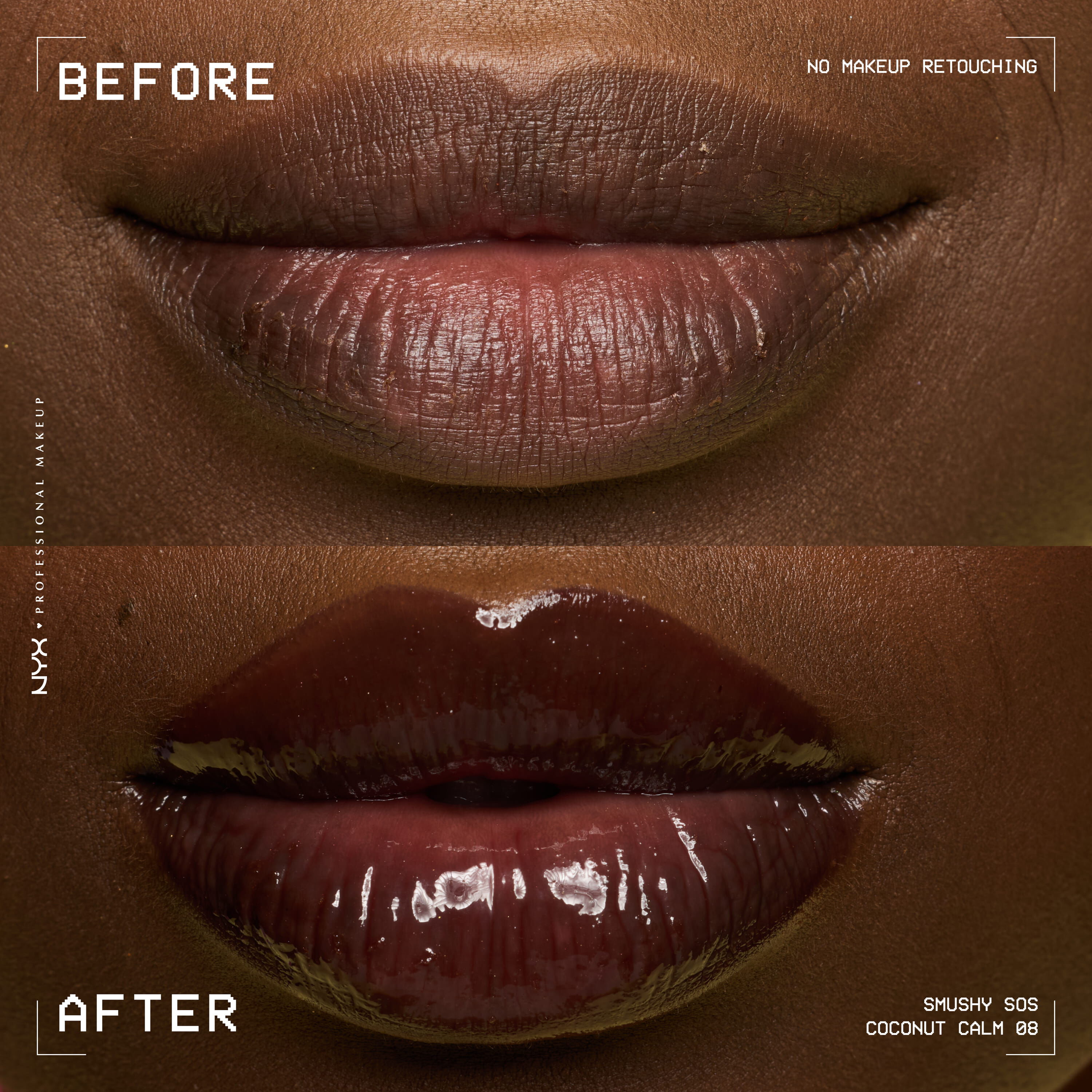 Before and after of dry lips vs glossy hydrated lips with NYX Professional Makeup Smushy SOS lip mask in Coconut Calm