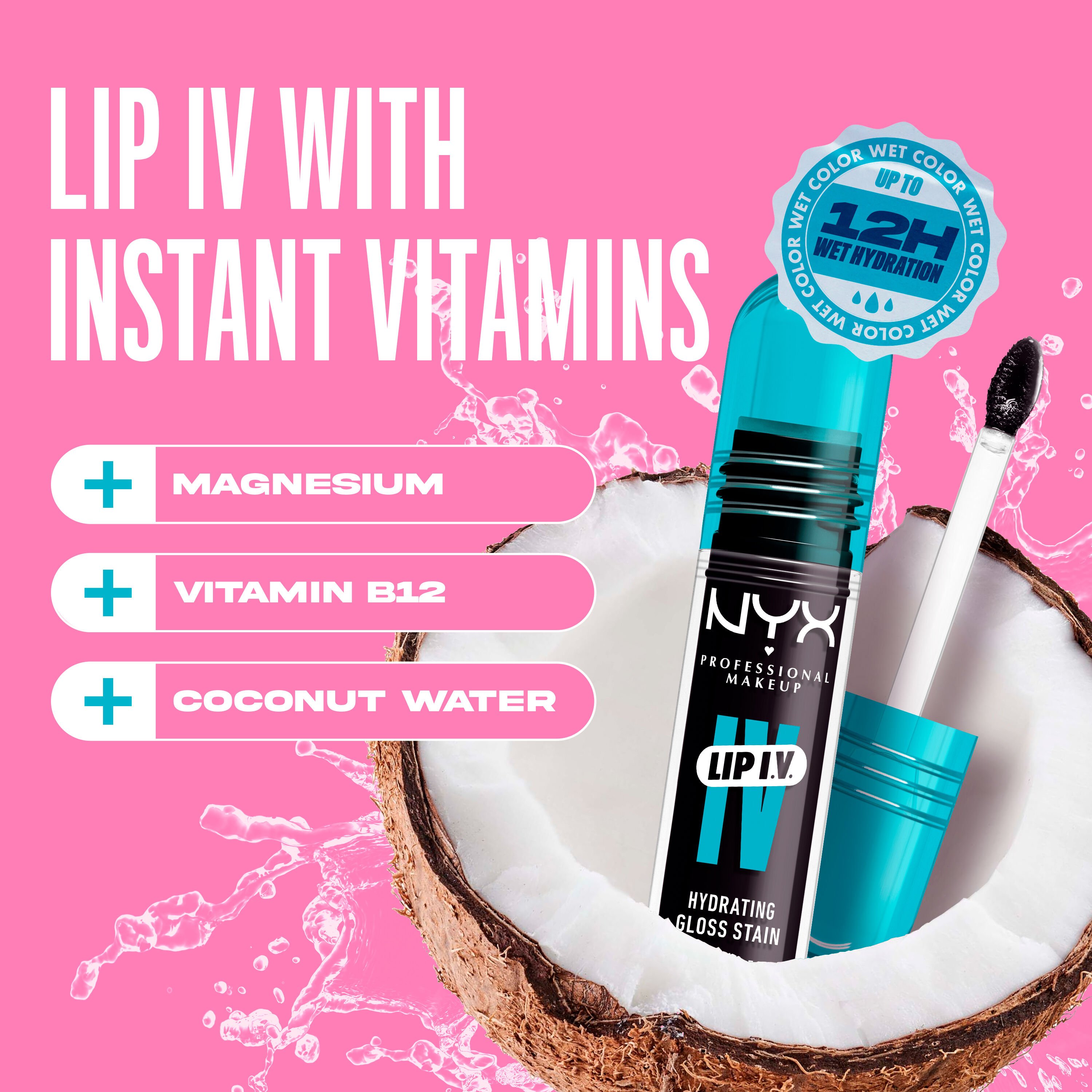 Lip I.V. Hydrating Gloss Lip Stain in a coconut with text "Lip I.V. with Instant Vitamins"