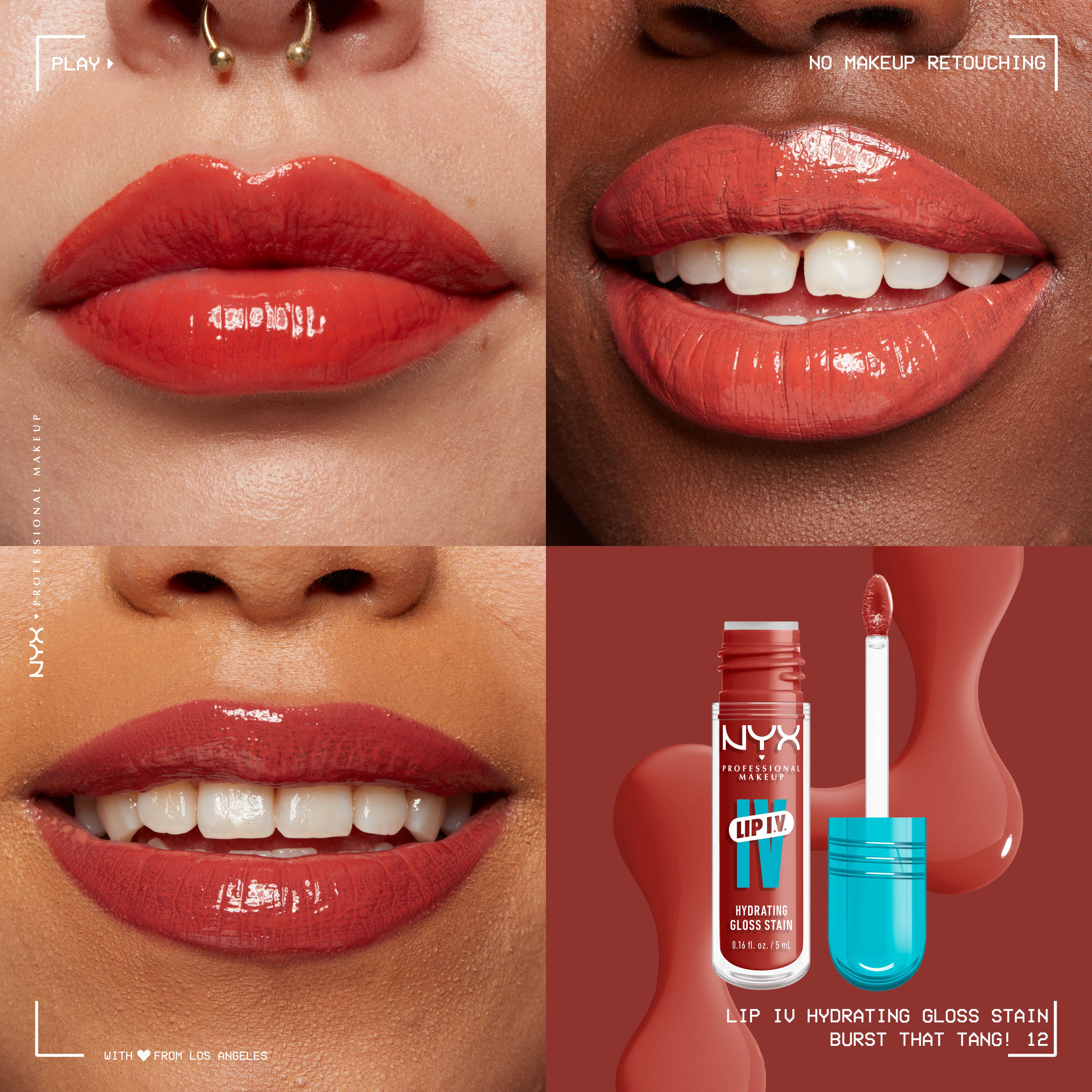 Lip I.V. Hydrating Lip Stain Gloss on three different skin tones