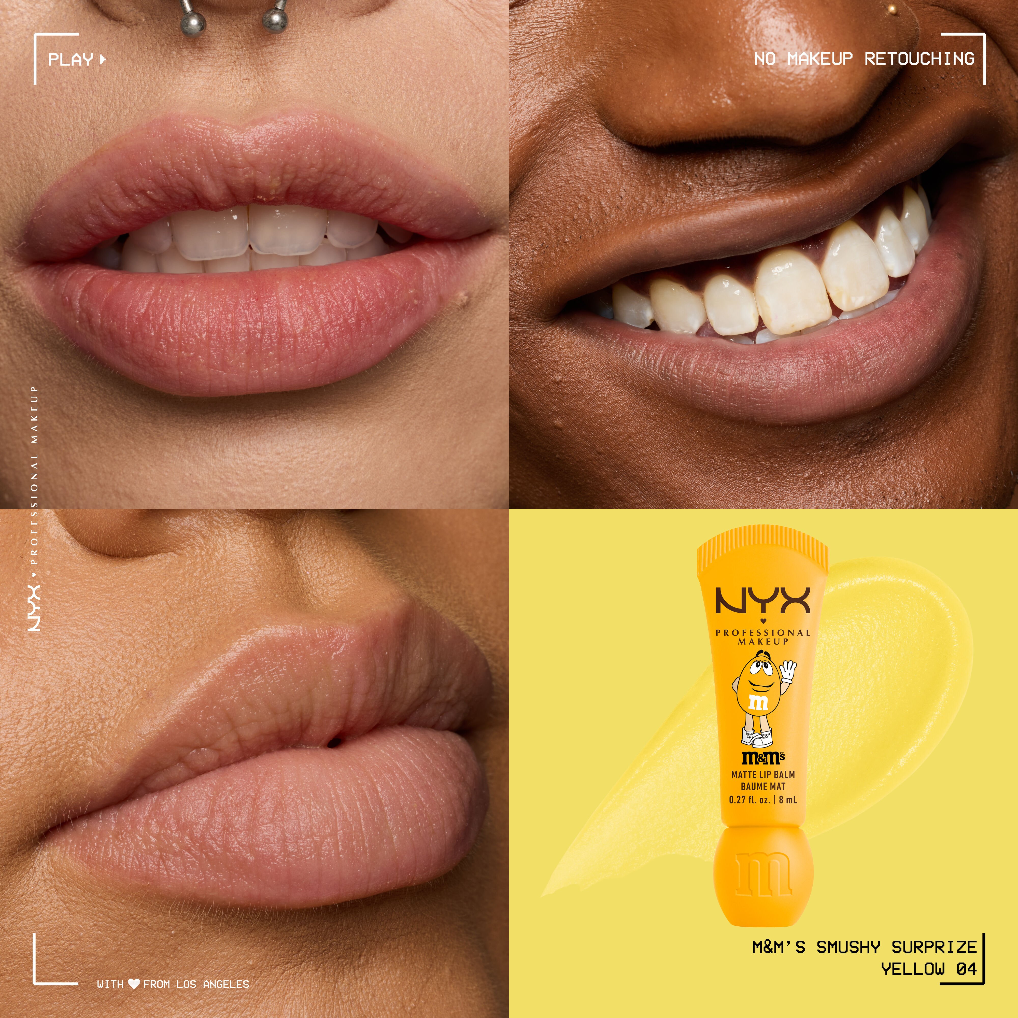 Close-up collage of three models wearing NYX Professional Makeup M&M'S Smushy Surprize Yellow 04 matte lip balm, with the yellow tube and matching lip swatch shown on the right.